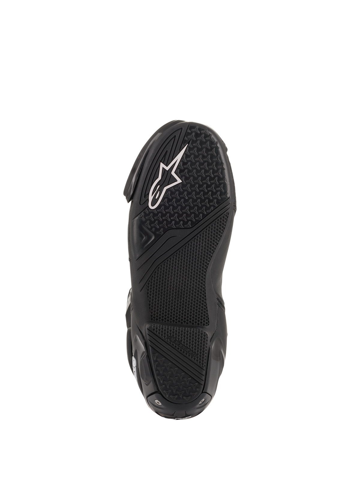 Alpinestars SMX Plus V2 støvler, motorcykelracingstøvler, sort tekstureret gummisål med hvidt logo og mønster med højt greb.
