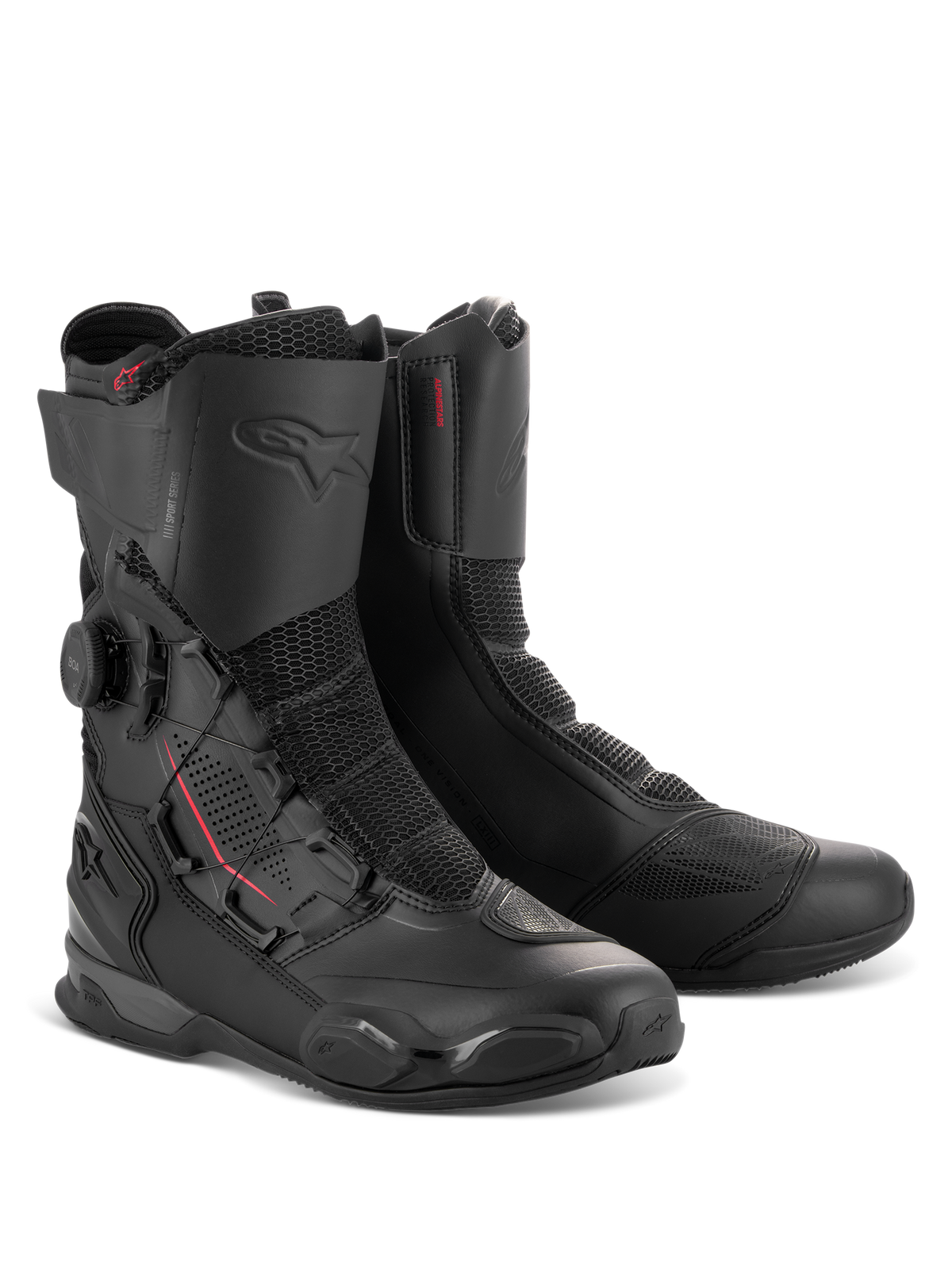 Alpinestars SP-X BOA® støvler, mellemhøje sport-motorcykelstøvler i Black Black, med sidemonteret BOA Fit System-drejeknap, Rideknit-meshpaneler og TPU-beskyttelsesforstærkninger til vejbrug.