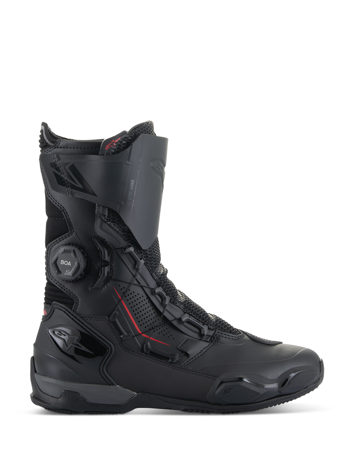 Alpinestars SP-X BOA® støvler, motorcykel-sportsstøvler, sort med røde accenter, BOA® Fit System-drejeknap, mellemhøj konstruktion med mikrofiber- og mesh-paneler, TPU-beskyttelse ved hæl og tå, strømlinet design til landevejskørsel