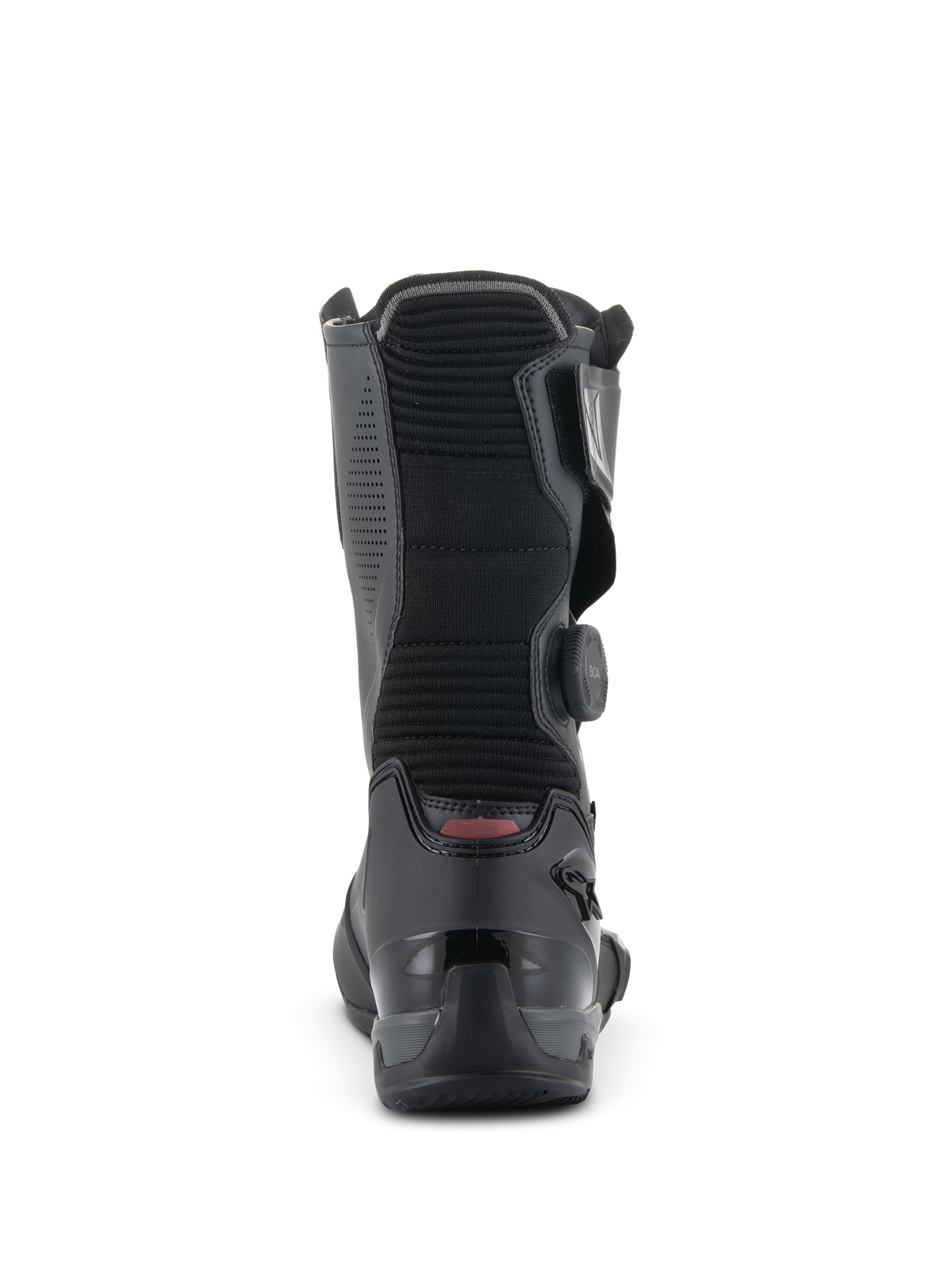 Alpinestars SP-X BOA støvler, mellemhøje motorcykel-sportstøvler, sort, set bagfra med fokus på det ribbede akkordeon-flexpanel, forstærket TPU-hælkappe og BOA Fit System-drejeknap på siden