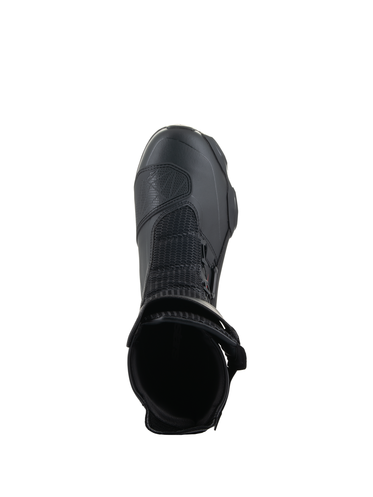 Alpinestars SP-X BOA® støvler, sort, set oppefra kiggende ind i ankelåbningen, med Rideknit® mesh og det sidemonterede BOA® Fit System, slank mellemhøj sport-motorcykelstøvle