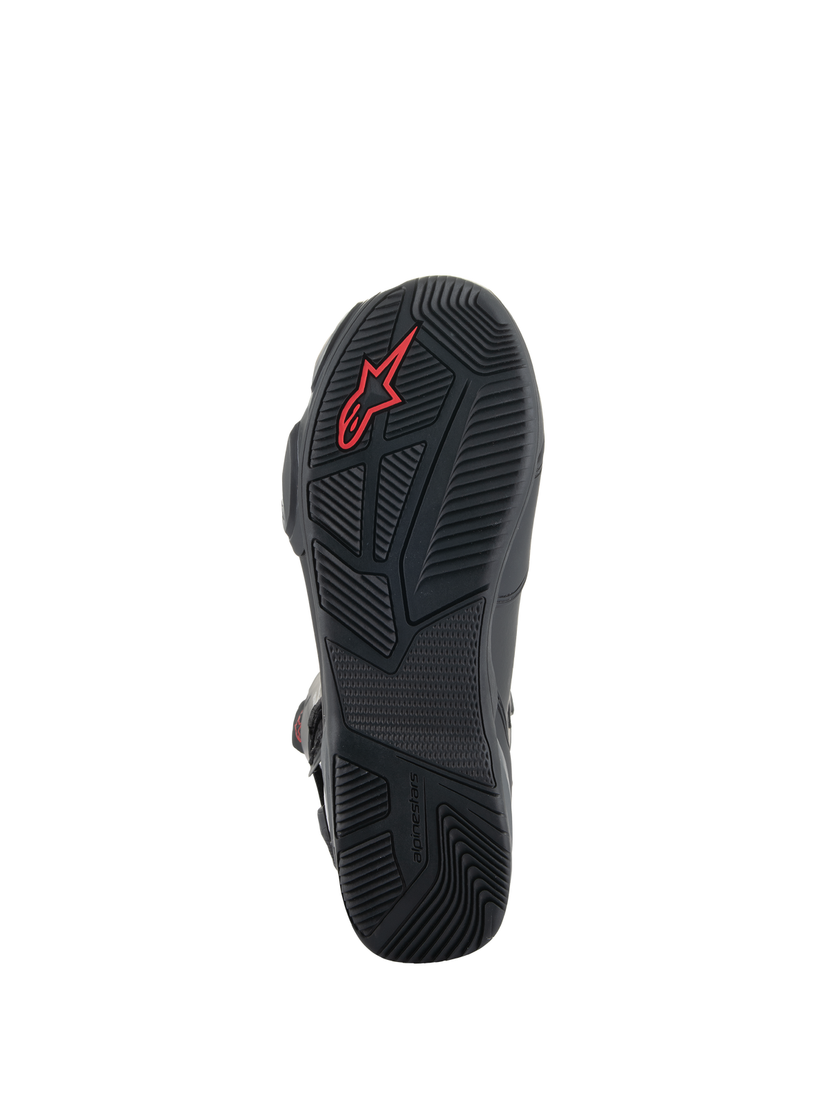Alpinestars SP-X BOA® støvler, sorte motorcykelstøvler, detaljeret visning af gummisålen med teksturerede grebsmønstre, rødt Alpinestars-logo og asymmetrisk hældesign for gangstabilitet.