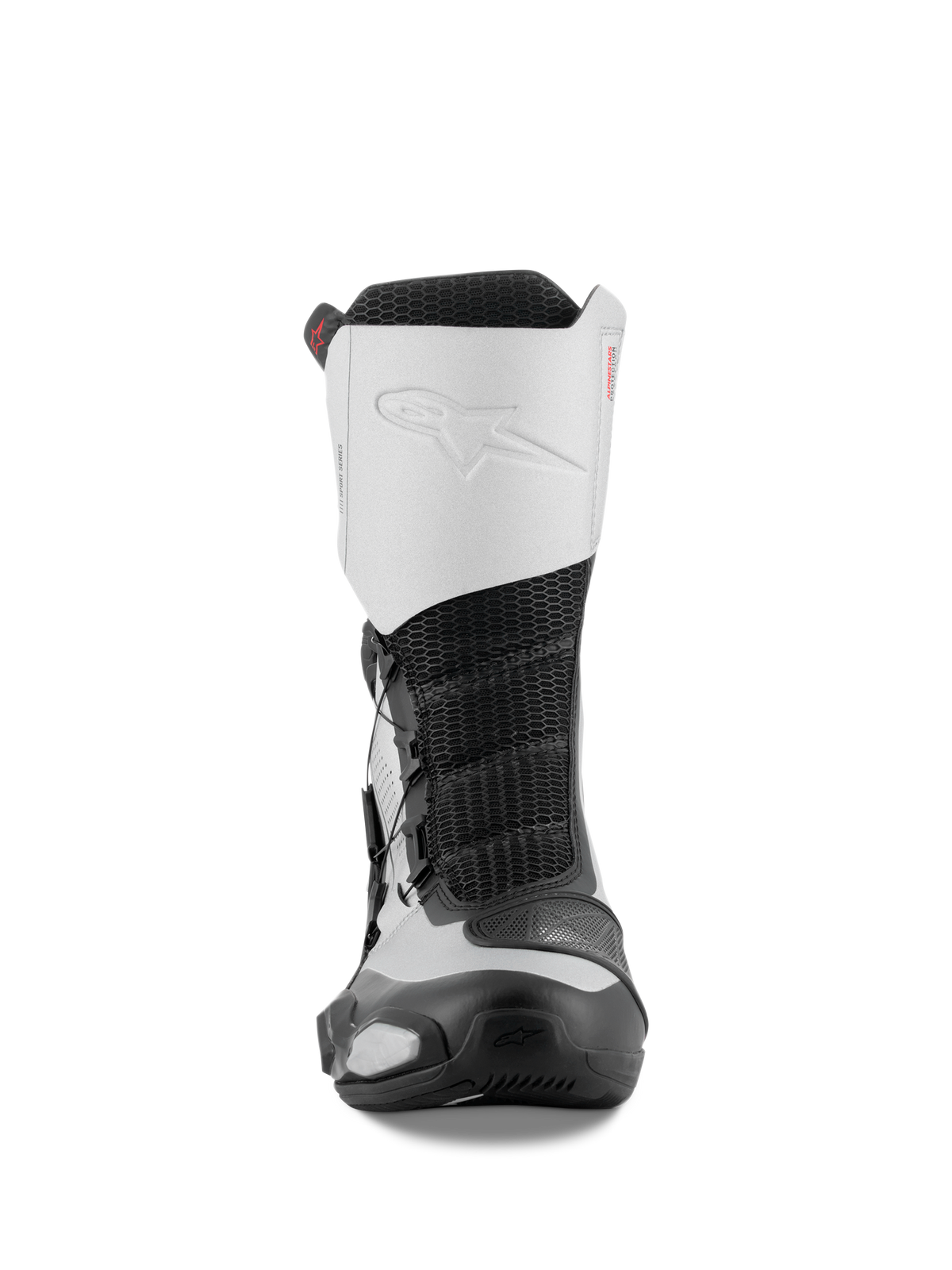 Alpinestars SP-X BOA-støvler, set forfra, Sort og Sølv, halvhøje sportsmotorcykelstøvler med en hvid mikrofiber-overdel med præget logo, sort mesh-midte og beskyttende TPU-komponenter