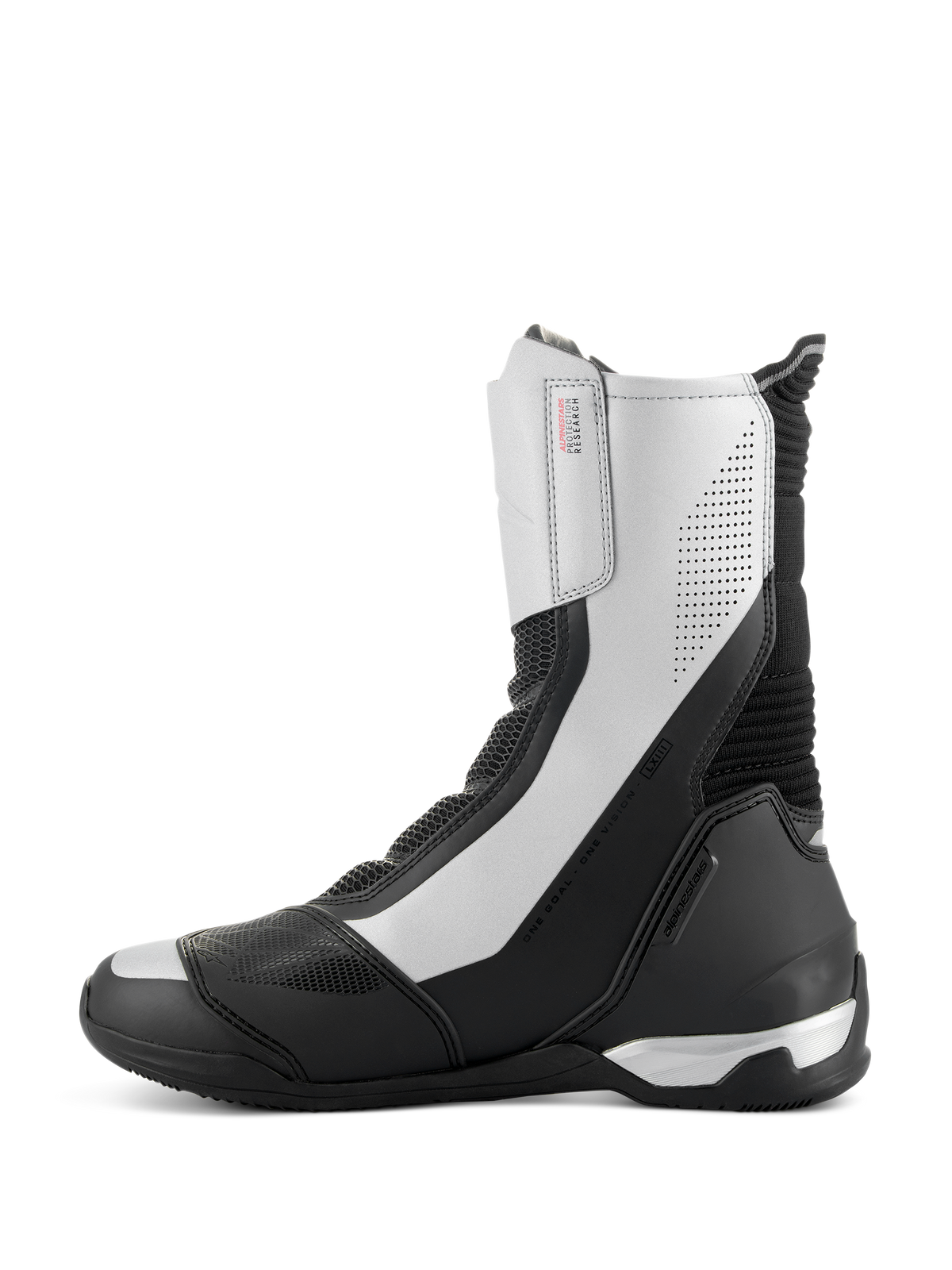 Alpinestars SP-X BOA-støvler, mellemhøje sportsmotorcykelstøvler, sort og sølv, strømlinet sideprofil med sølvpaneler og perforerede detaljer, sort TPU-hælkappe og Alpinestars-branding.