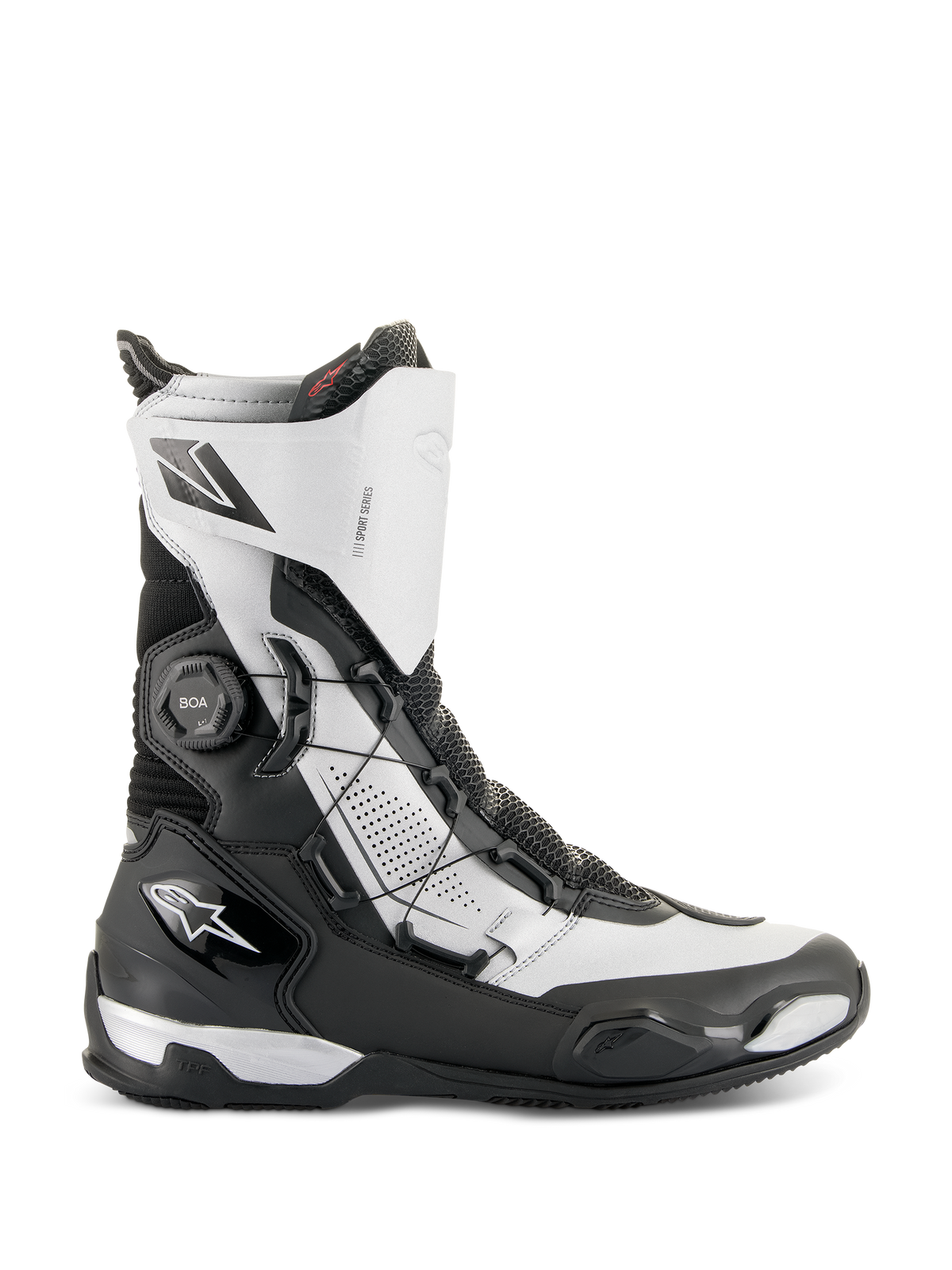 Alpinestars SP-X BOA®-støvler, mellemhøje motorcykel-sportsstøvler, sort og sølv, med det sidemonterede BOA® Fit System, TPU-beskyttelse og åndbart Rideknit-materiale, slankt design til sport-touringkørsel