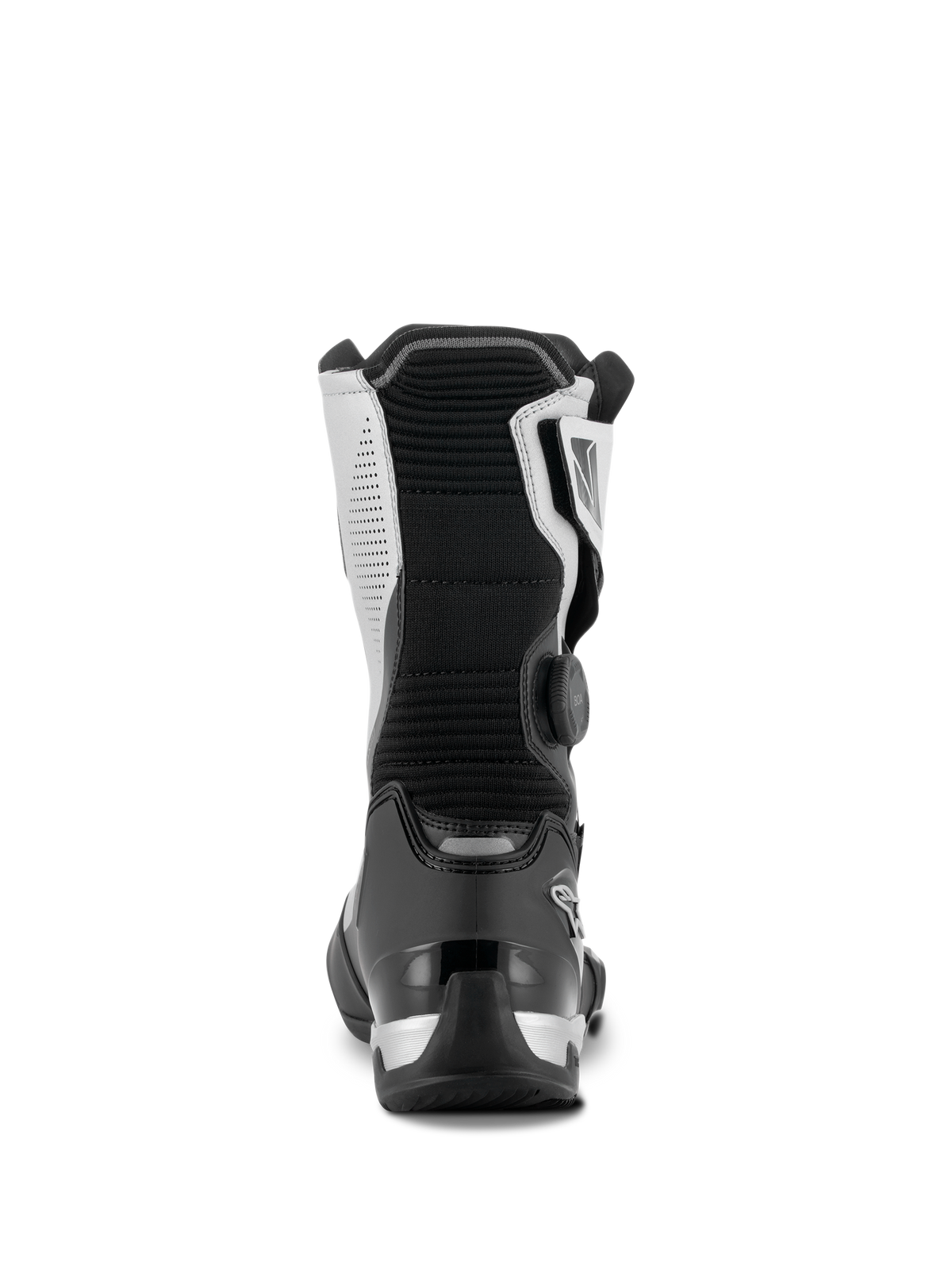 Alpinestars SP-X BOA®-støvler, sort og sølv, set bagfra af mellemhøj sport touring-motorcykelstøvle, med sort TPU-hælkappe, sølvfarvede sidepaneler og BOA® Fit System-drejeknap på siden, strømlinet og beskyttende design