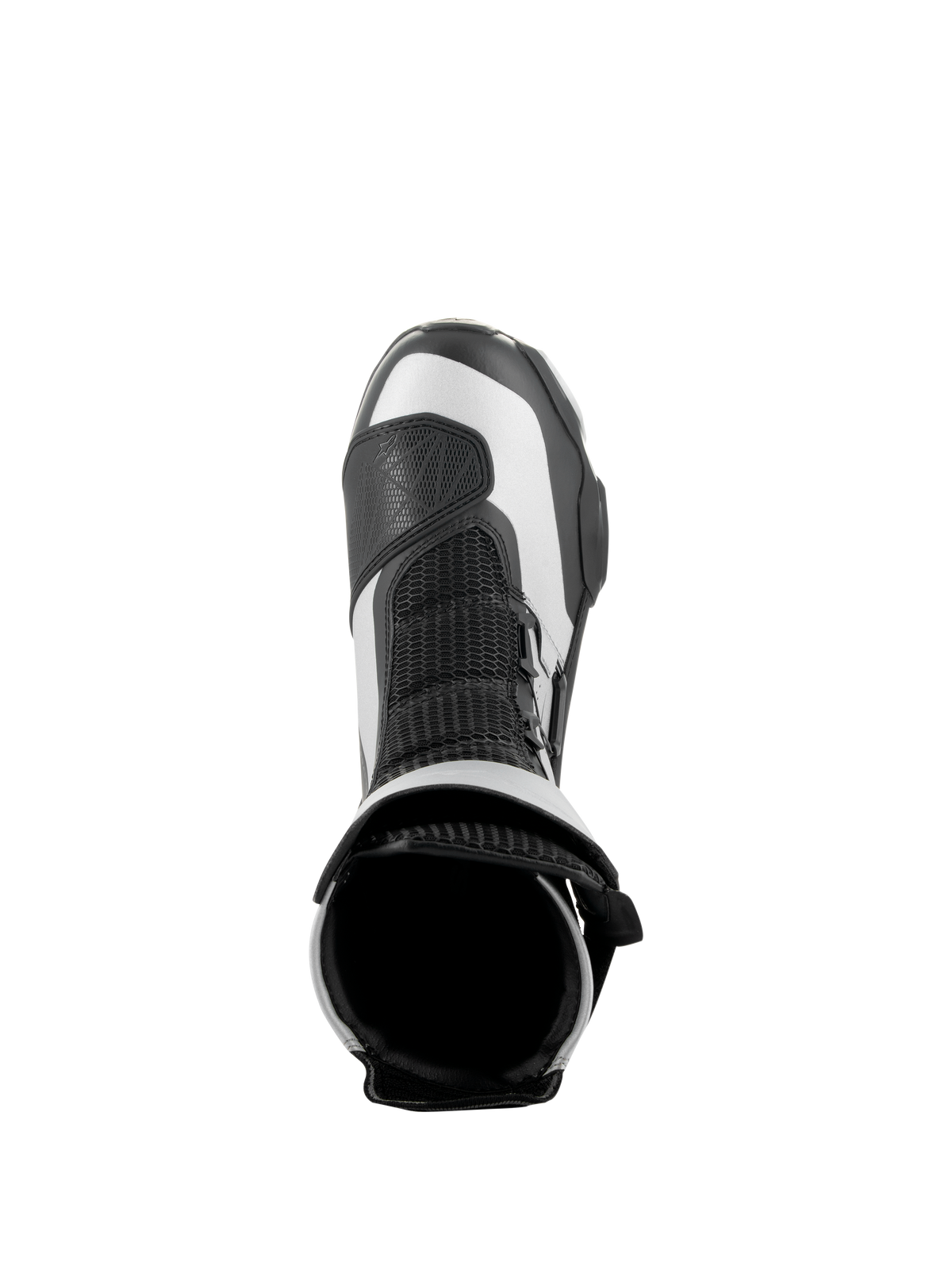 Alpinestars SP-X BOA-støvler, sort og sølv, set oppefra, der viser den øverste åbning og mesh-pløs, slanke mellemhøje sportsmotorcykelstøvler med avanceret mikrofiber- og Rideknit-konstruktion