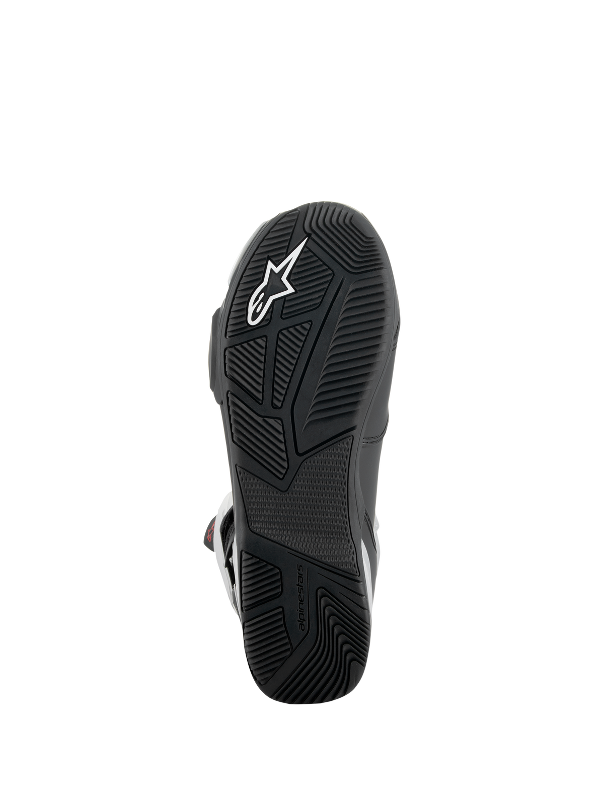 Alpinestars SP-X BOA® støvler, set fra undersiden, sort, tekstureret gummisål med hvidt stjernelogo, asymmetrisk hældesign for stabilitet, specialiserede mønstre for greb på fodhvilerne