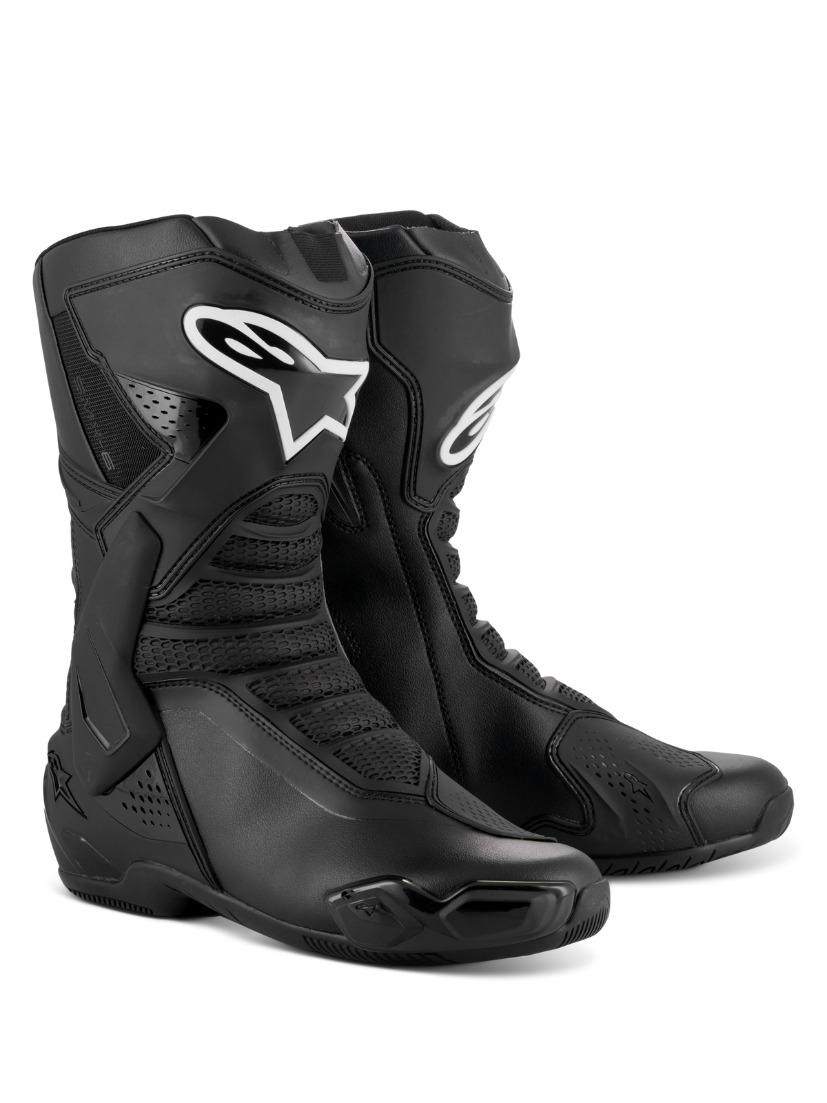 Alpinestars SMX-6 V3 støvler, performance motorcykelstøvler, sort, med TPU-skinnebens- og ankelbeskyttelse, fleksible mesh-paneler, ergonomisk design til sport- og banekørsel, hvidt Alpinestars-logo på skinnebenet