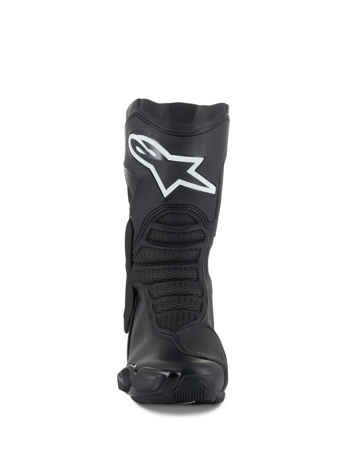 Alpinestars SMX-6 V3 støvler, sort, performance motorcykelstøvler, set forfra med et fremtrædende hvidt Astar-logo på skinnebenet, teksturerede flex-zoner foran, strømlinede TPU-beskyttelseselementer