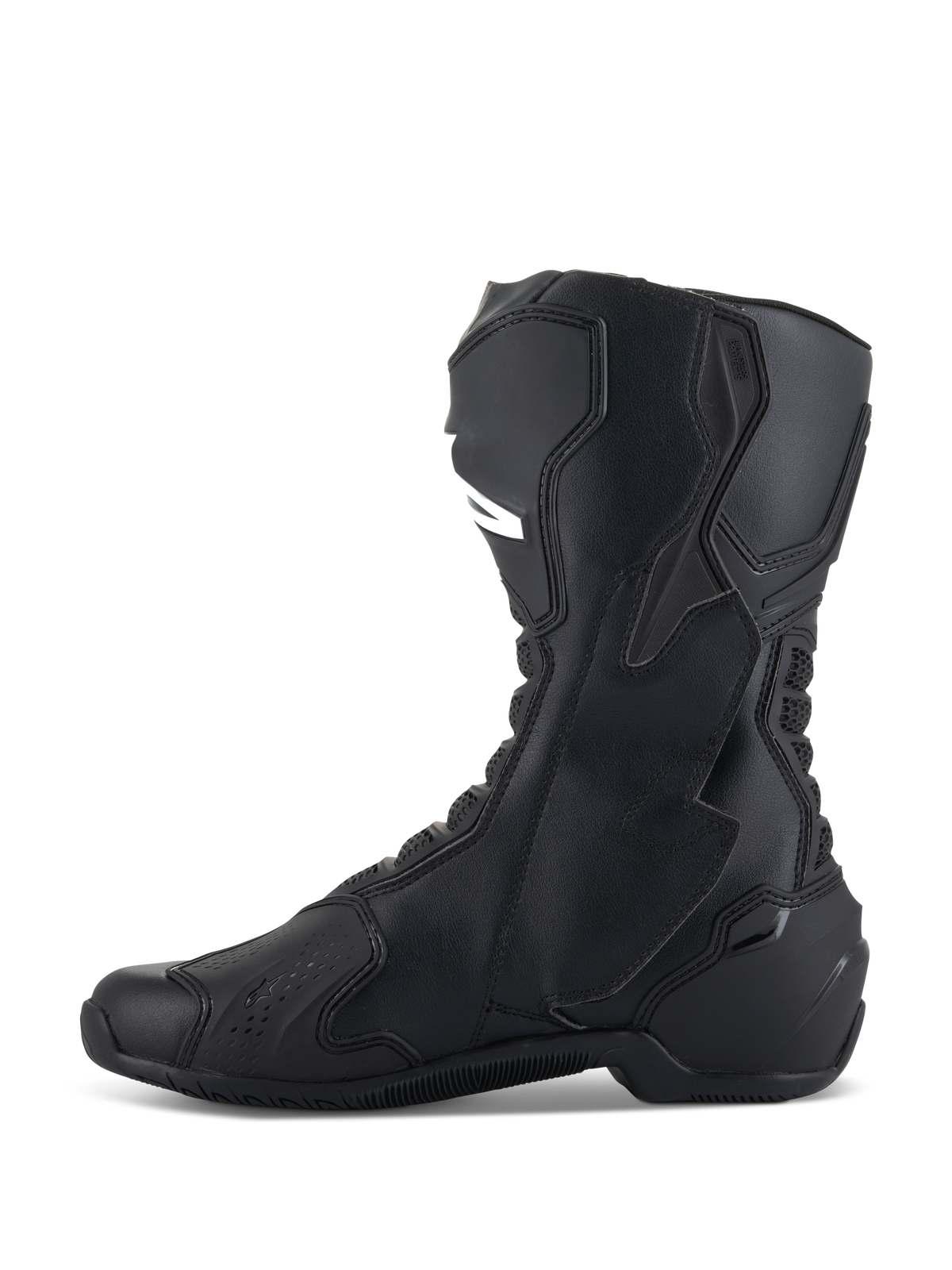 Alpinestars SMX-6 V3 støvler, sort, performance motorcykelstøvle, sideprofil der viser TPU-skinnebensbeskytter og biomekanisk ankelbøjle, mikrofiberkonstruktion med strømlinet racerdesign
