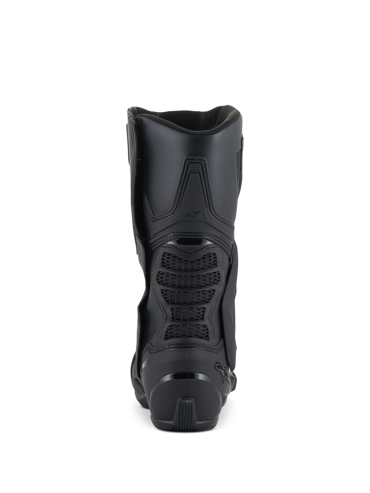 Alpinestars SMX-6 V3 støvler, performance motorcykelstøvler, sort, set bagfra, der viser den forstærkede hæl, 3D mesh bøjningszone bagpå og strømlinet ergonomisk design til bane- og gadekørsel