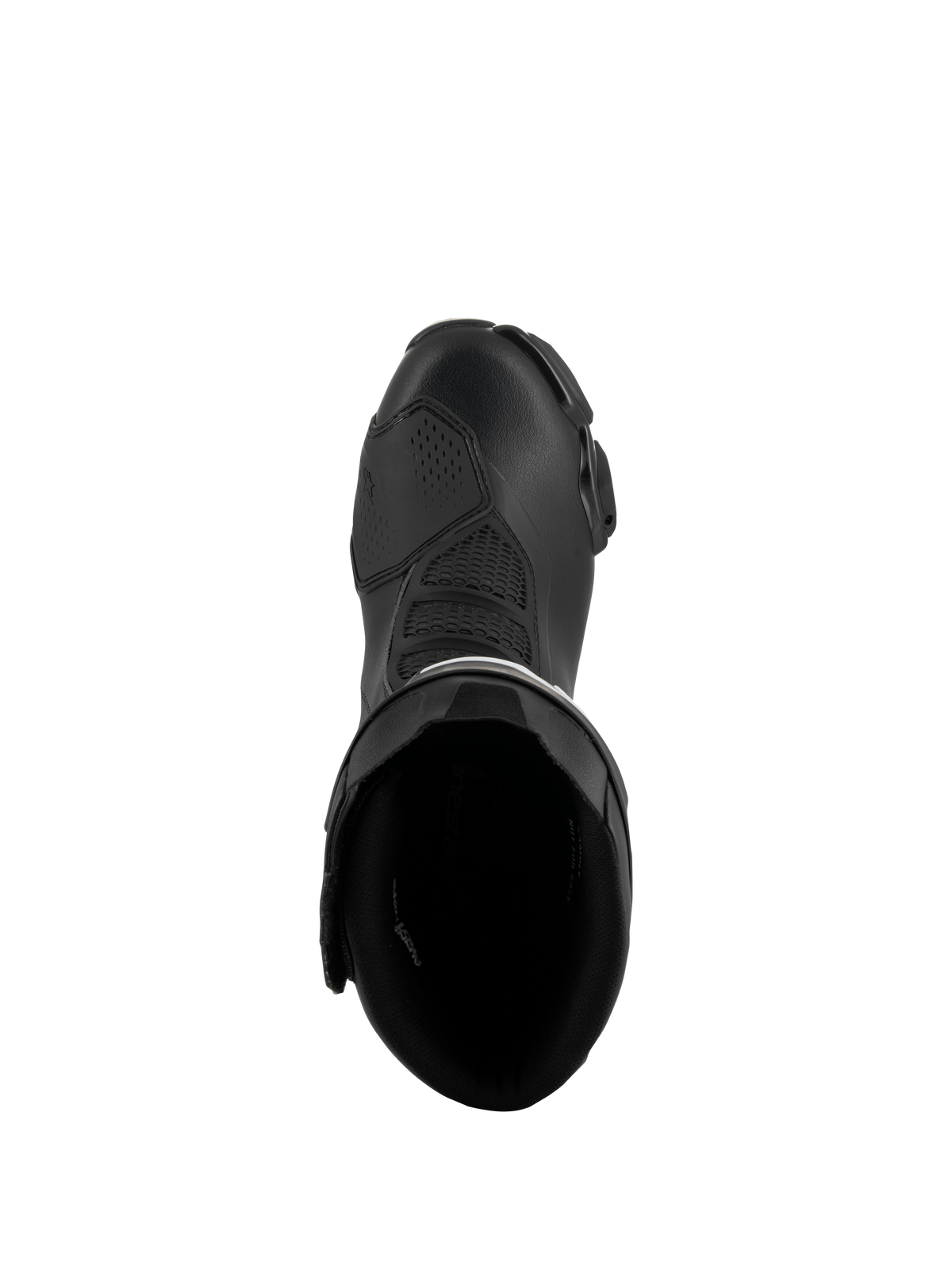 Alpinestars SMX-6 V3 støvler, sort, set oppefra viser den indvendige åbning og øvre konstruktion, højtydende motorcykelfodtøj med mikrofibermaterialer og mesh-flekszoner