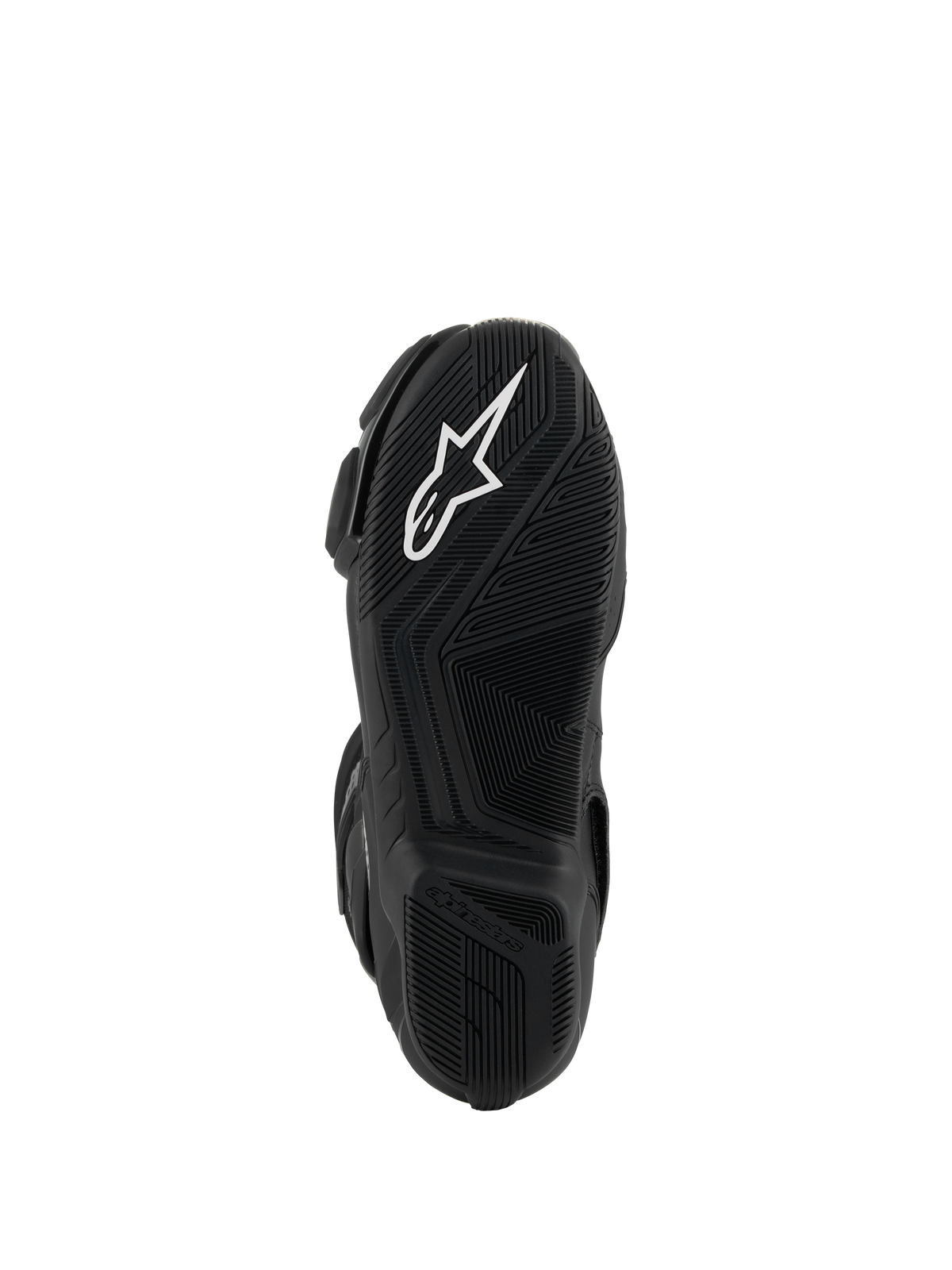 Alpinestars SMX-6 V3 støvler, sort, undersiden af den lette gummisål med tekstureret grebsmønster, hvidt Astar-logo og præget Alpinestars-branding på hælen