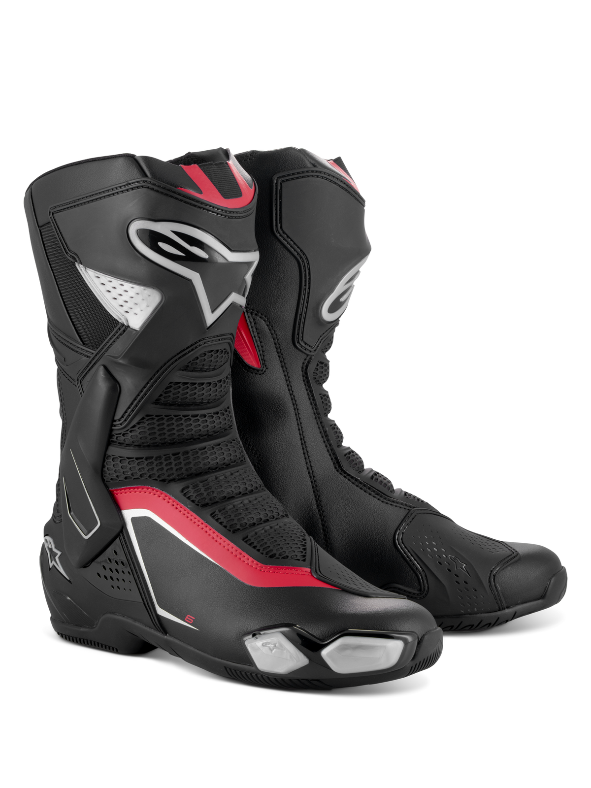 Alpinestars SMX-6 V3 støvler, performance motorcykelstøvler, sort, sølv og rød, med en strømlinet mikrofiberoverdel med TPU-beskyttelse, røde detaljer og Alpinestars-logo på siden.
