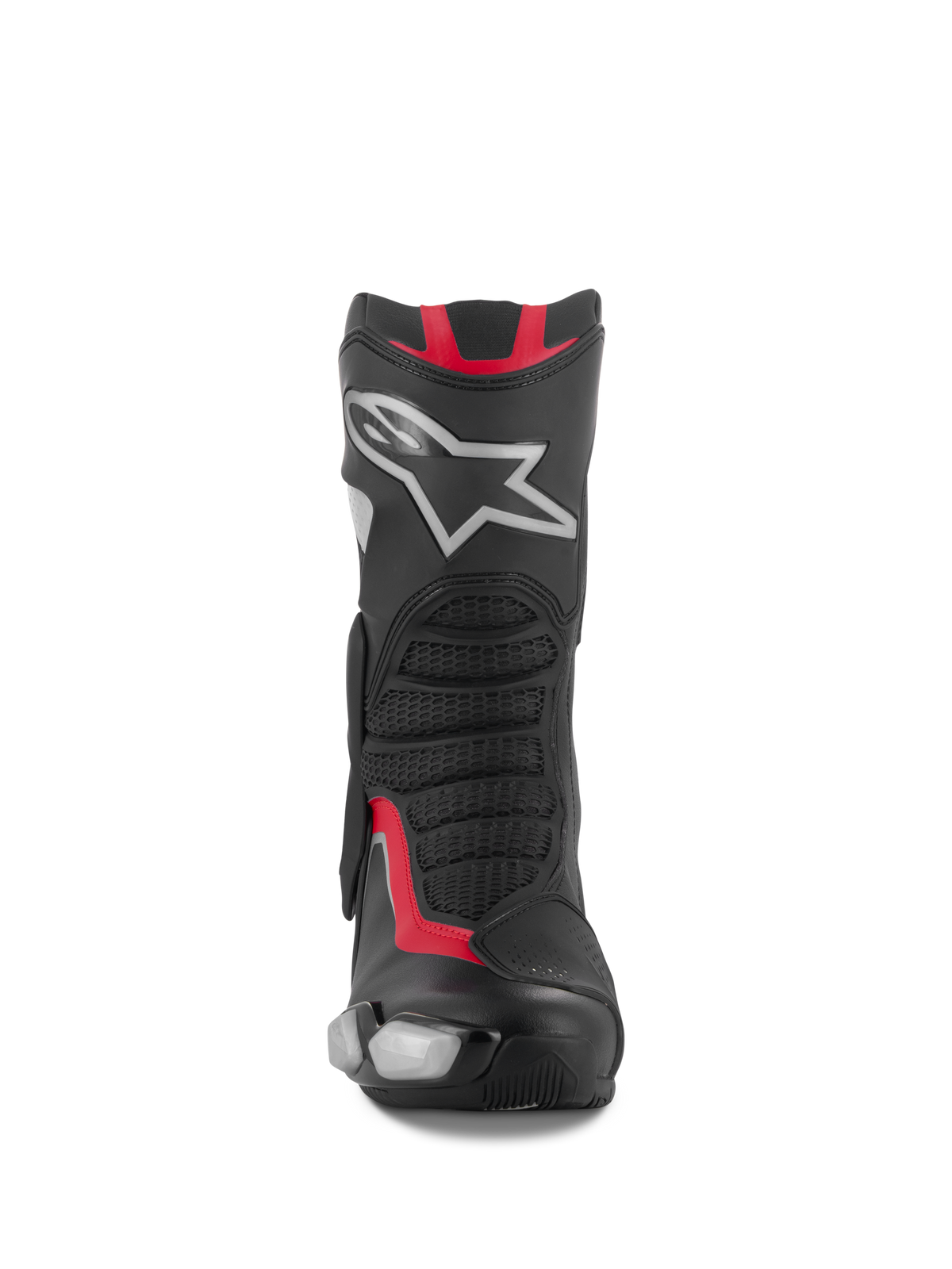 Alpinestars SMX-6 V3 støvler, motorcykel racing- og sportsstøvler, sort, sølv og rød, set forfra med TPU-skinnebensplade med sølvstjernelogo, mesh-flexpaneler og højtydende mikrofiberkonstruktion