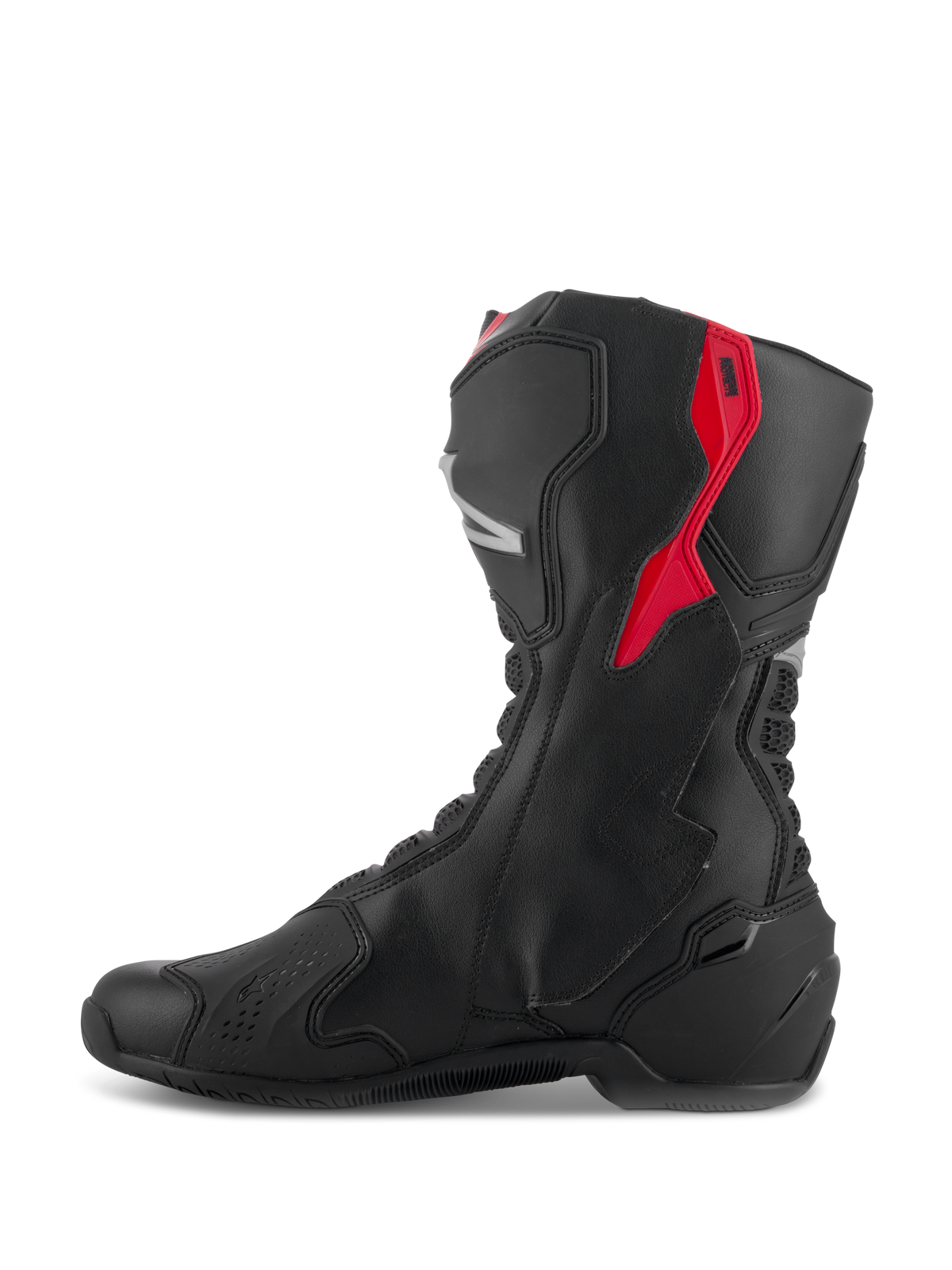 Alpinestars SMX-6 V3 støvler, højtydende kørestøvler, sort med røde og sølvfarvede detaljer, sideprofilvisning der viser mikrofiberkonstruktion og beskyttende TPU-paneler, race-afledt design til præstation på bane og gade.