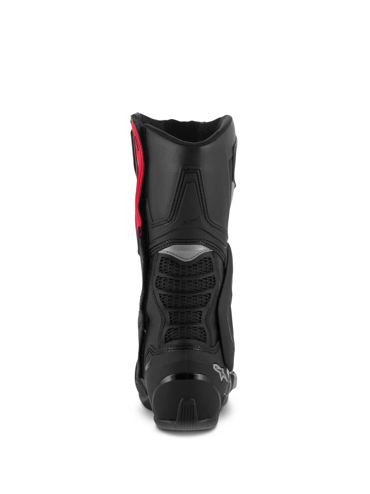 Alpinestars SMX-6 V3 støvler, performance-kørestøvler, sort, sølv og rød, set bagfra med TPU-lægbeskytter, mesh-flekszoner og hælforstærkning, højtydende beskyttende fodtøj