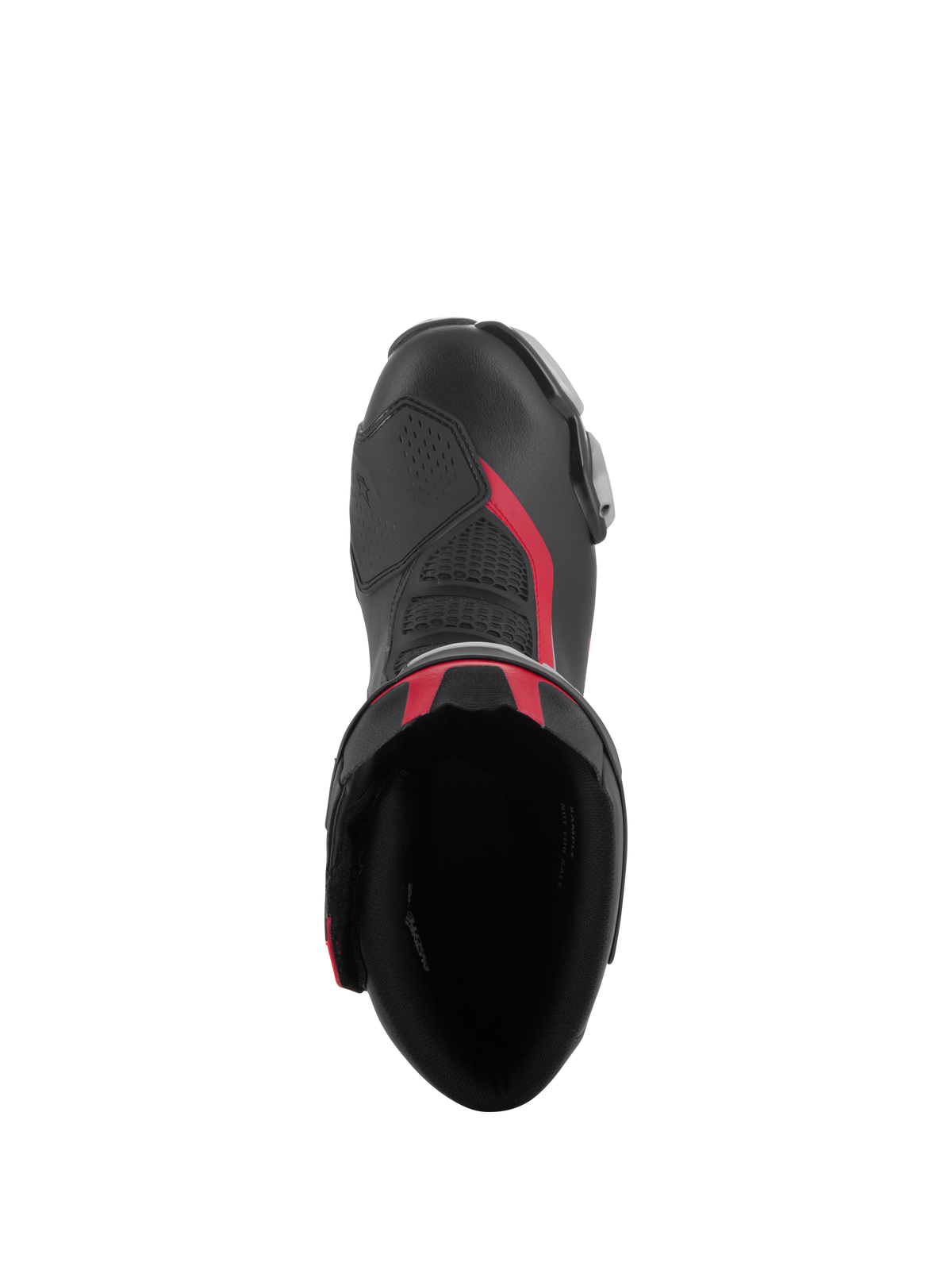 Set fra oven af Alpinestars SMX-6 V3-støvler i sort, sølv og rød, med støvlens åbning, mikrofiberkonstruktion med røde detaljer og integreret TPU-gearskifterzone.