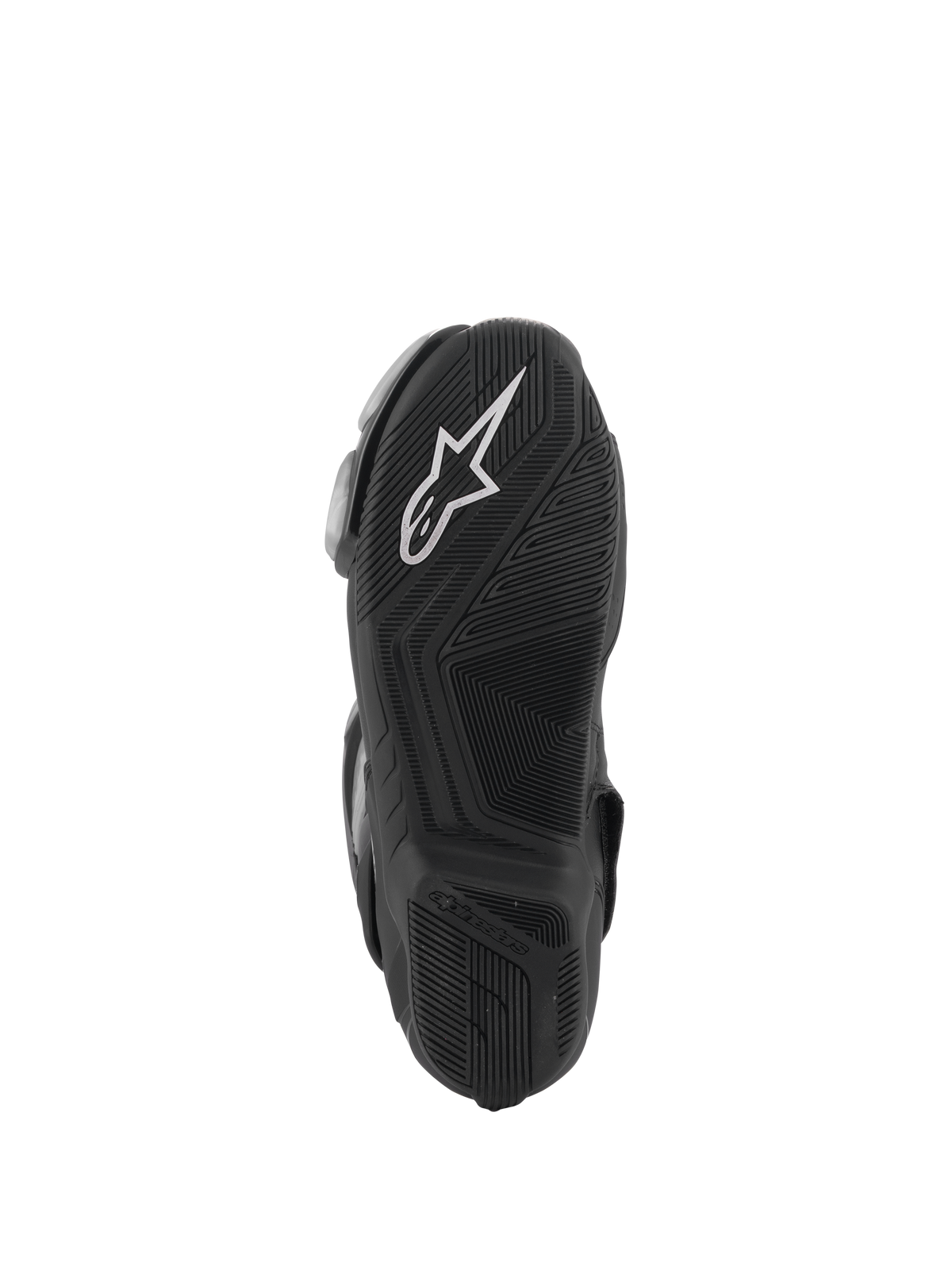 Alpinestars SMX-6 V3 støvler, sort, set fra bunden med en tekstureret gummiydersål for greb, hvidt Alpinestars-logo på hælen, præget branding, designet til performance-kørsel på bane og vej.