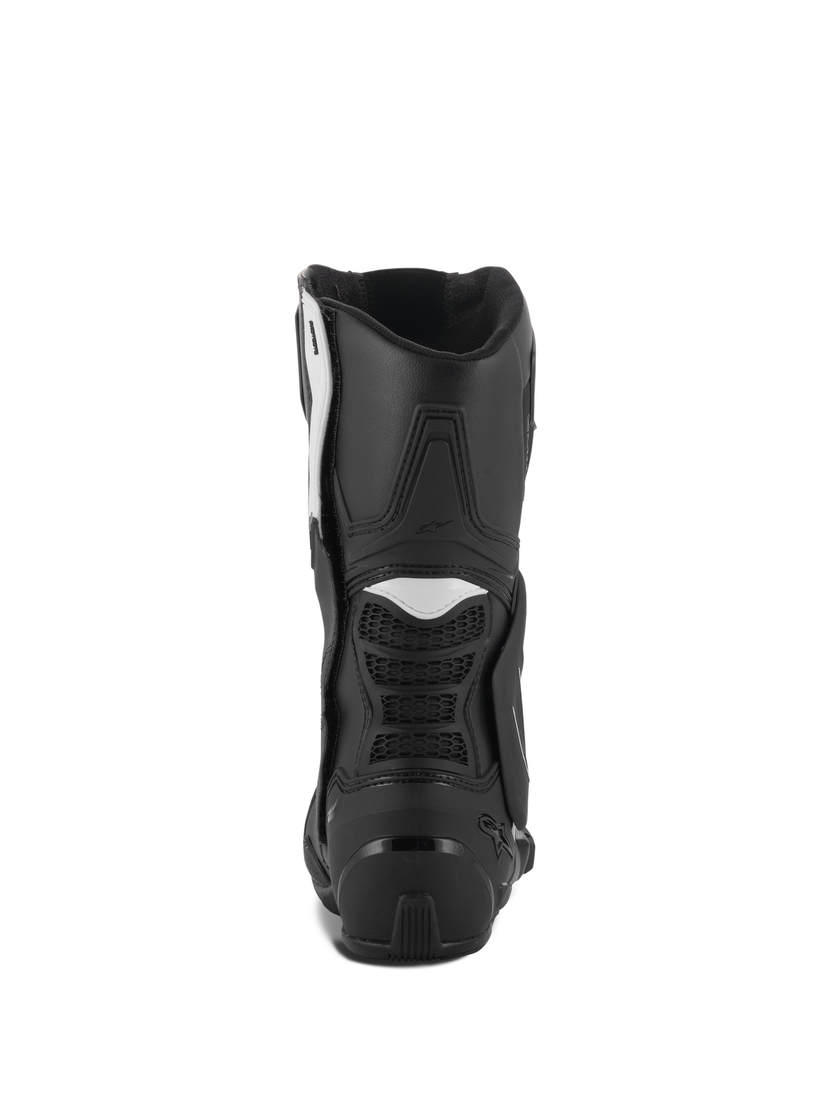 Alpinestars Stella SMX-6 V3 Boots, Women's Motorcycle Boots, Black and White, rear view featuring TPU heel counter and flexible accordion panels, durable performance design