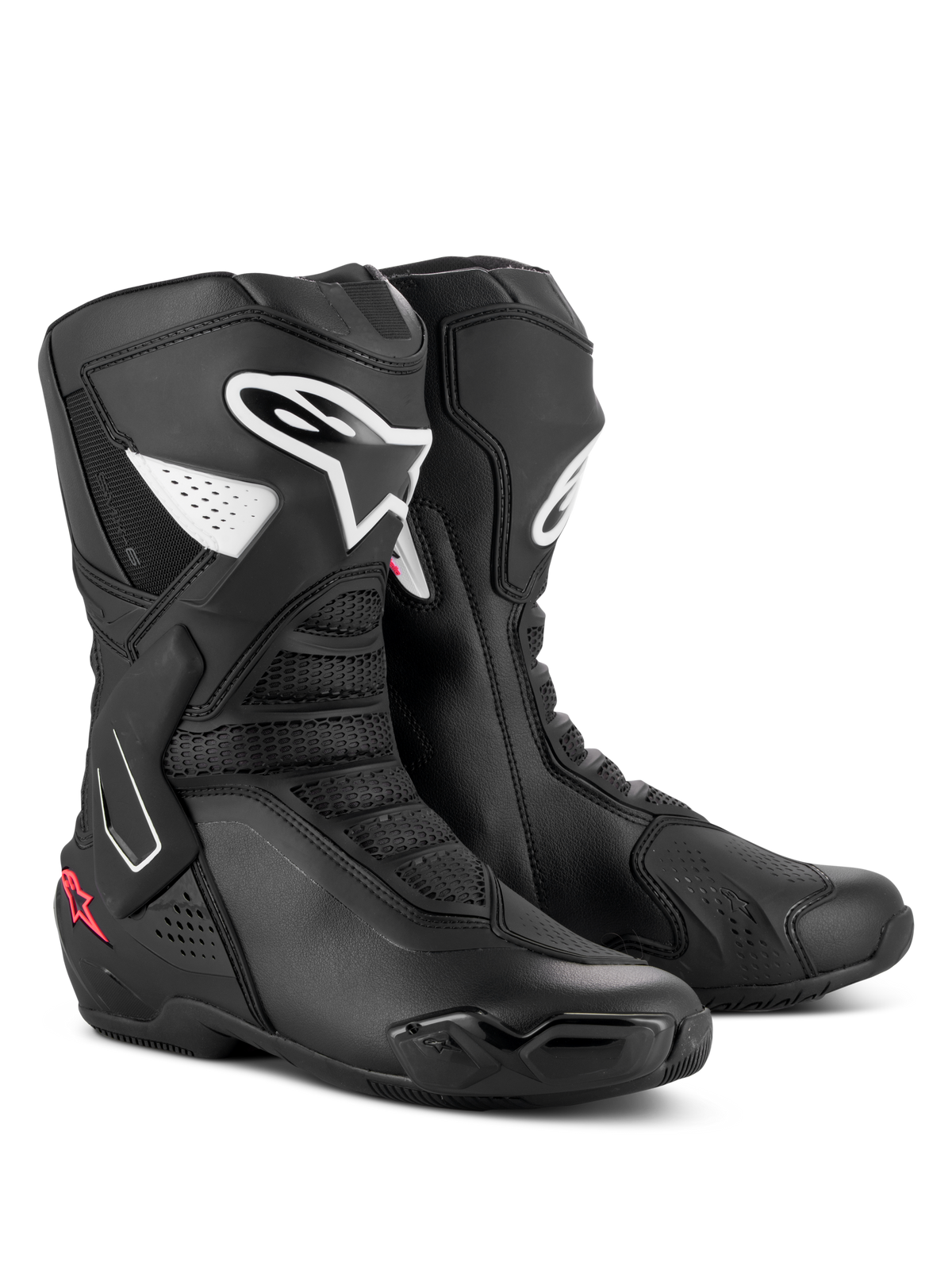 Alpinestars Stella SMX-6 V3 støvler, performance-kørestøvler til damer, sort, hvid og Diva Pink, med hvide Alpinestars-logoer og pink stjerne-detaljer, slank mikrofiberkonstruktion med TPU-beskyttere til kørsel på både bane og gade.