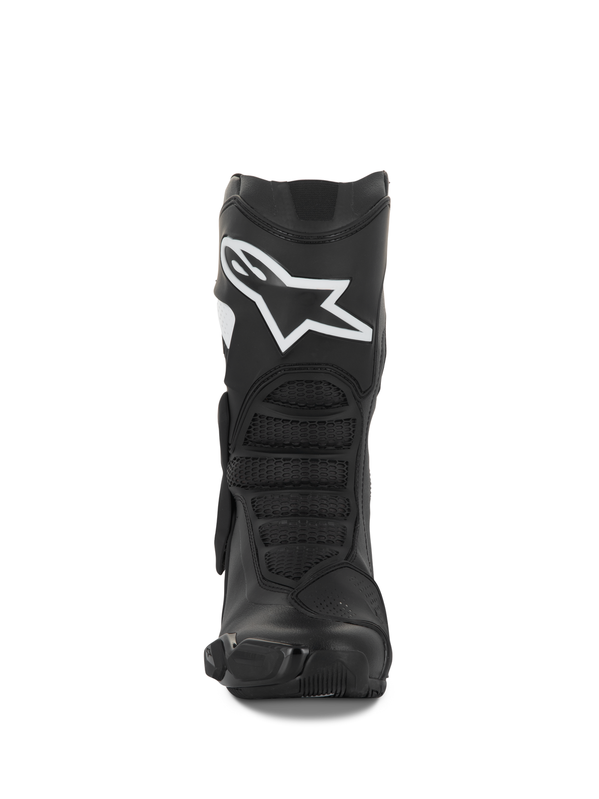 Alpinestars Stella SMX-6 V3 støvler, MC-støvler til damer, sort og hvid, frontvisning med hvidt Alpinestars-logo på skinnebenet, TPU-beskyttelse og ergonomiske flex-paneler, konstrueret til præstation på bane og vej