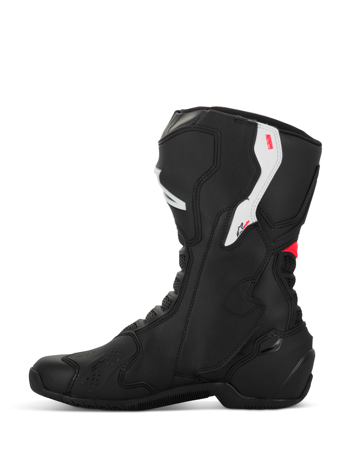 Alpinestars Stella SMX-6 V3 støvler, motorcykelstøvler til damer, sort, hvid og Diva Pink, profilvisning, med mikrofiberkonstruktion, TPU ankel- og skinnebensbeskyttelse og strømlinet præstationsdesign til bane- og gadekørsel.