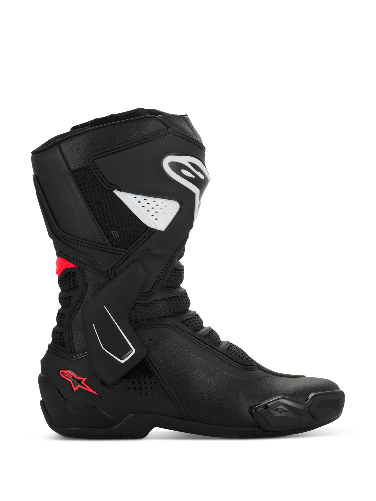 Alpinestars Stella SMX-6 V3 støvler, motorcykelstøvler til damer, sort med hvide og Diva Pink detaljer, sideprofil med TPU skinnebens- og ankelbeskyttelse, mesh flex-paneler og konstruktion i højtydende mikrofiber til bane og gade.