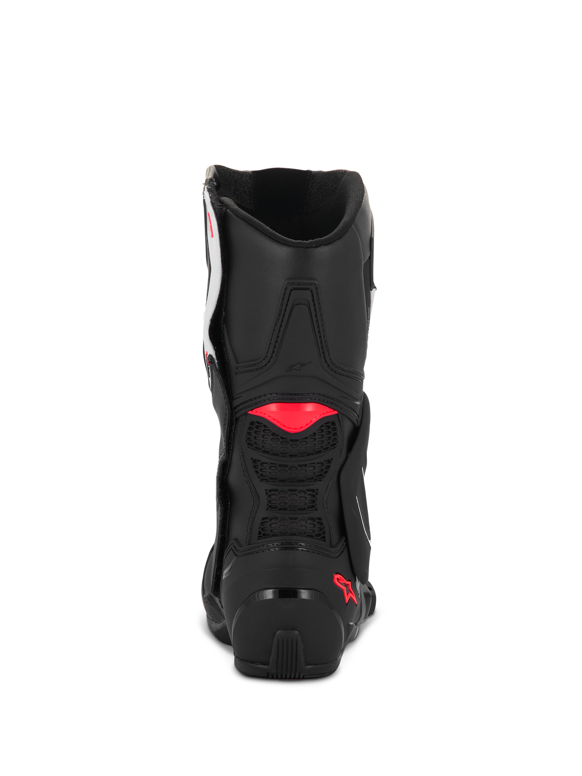 Alpinestars Stella SMX-6 V3 støvler, Black White Diva Pink, set bagfra, viser sort mikrofiberkonstruktion, lyserøde TPU-detaljer på læggen og hælen samt integreret mesh-ventilation til sportskørsel