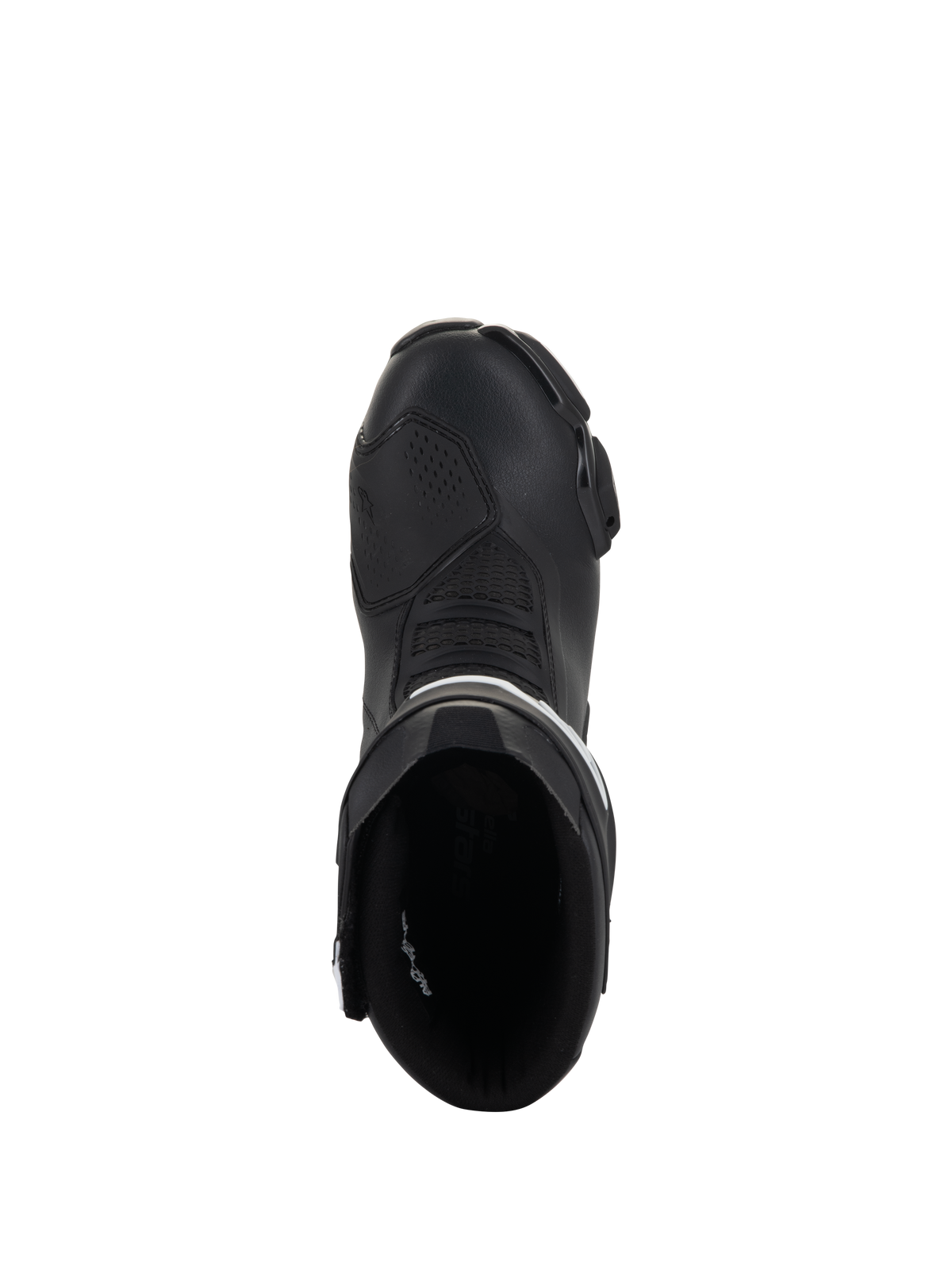 Alpinestars Stella SMX-6 V3 støvler, racing- og sportsmotorcykelstøvler til damer, sort og hvid, set oppefra, der viser indgangsåbningen og den strømlinede tåboks, holdbar mikrofiberkonstruktion