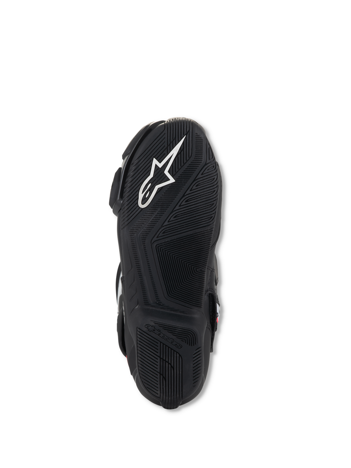 Alpinestars Stella SMX-6 V3-støvler, set fra bunden af sålen, sort letvægtsgummi med tekstureret grebsmønster, hvidt Alpinestars-logo og præget branding for optimalt greb og pedalkontrol