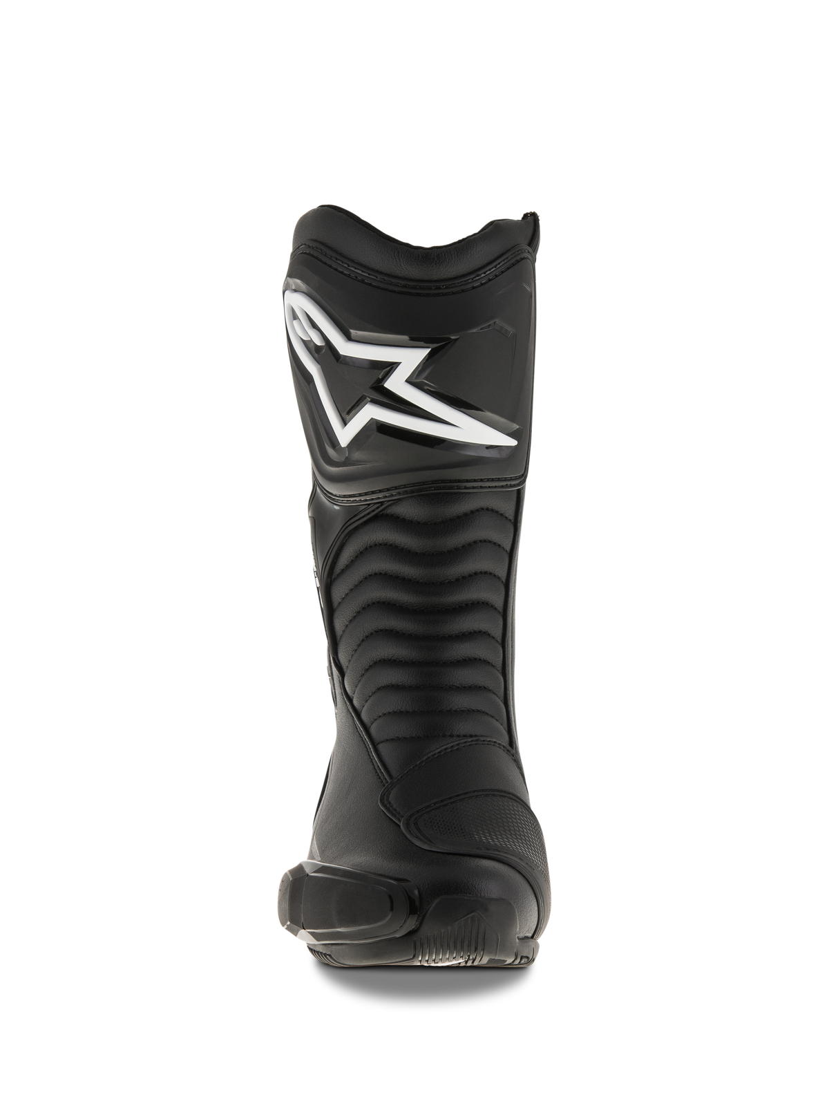 Alpinestars SMX S Boots, Black motorcycle boots, front-facing view showing the large white Alpinestars logo on the shin plate, accordion-style flex panels, and durable microfiber construction with protective PU shields