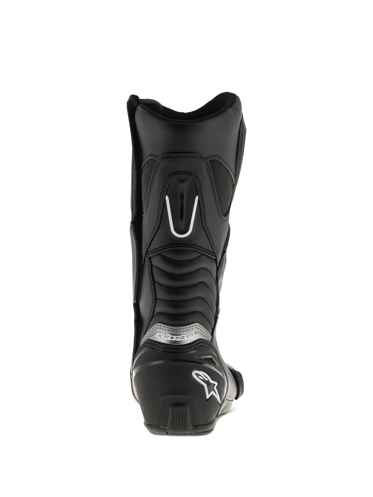Alpinestars SMX S Boots, Black, rear view, featuring reinforced heel counter with white logo, silver branding, and accordion flex panels for increased mobility and protection