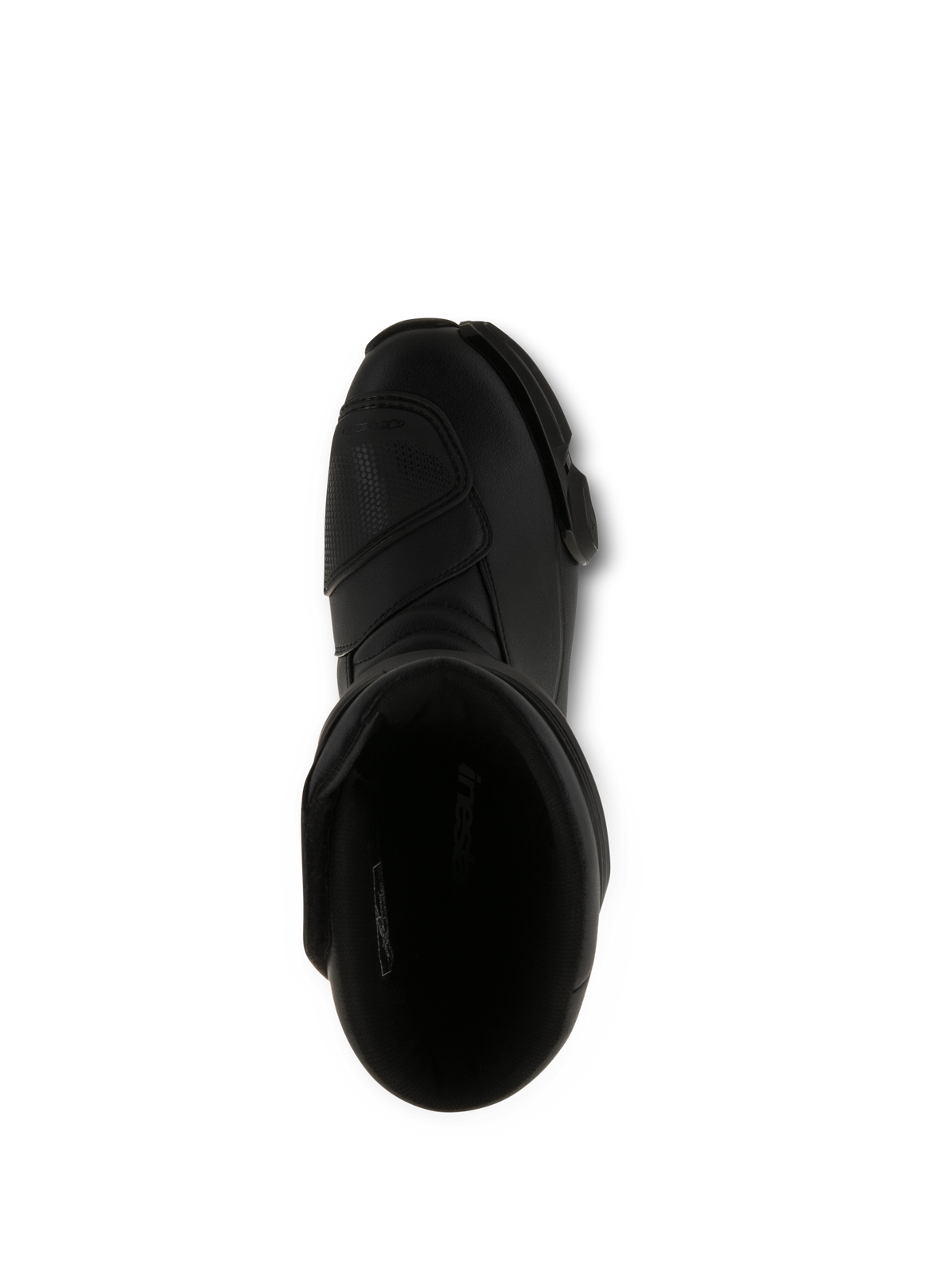 Alpinestars SMX S Boots, Black Motorcycle Boots, top-down view looking into the interior opening, all-black microfiber construction with reinforced shift pad and ergonomic protective design