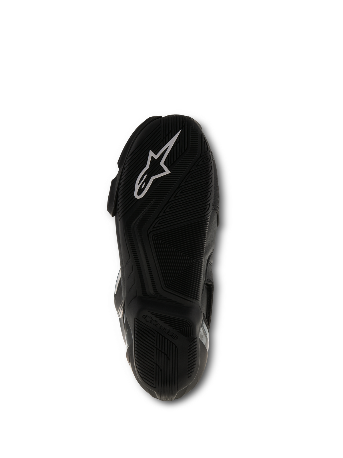 Alpinestars SMX S Boots, Black, bottom sole view showing the textured rubber compound and white Alpinestars logo, performance motorcycle racing footwear