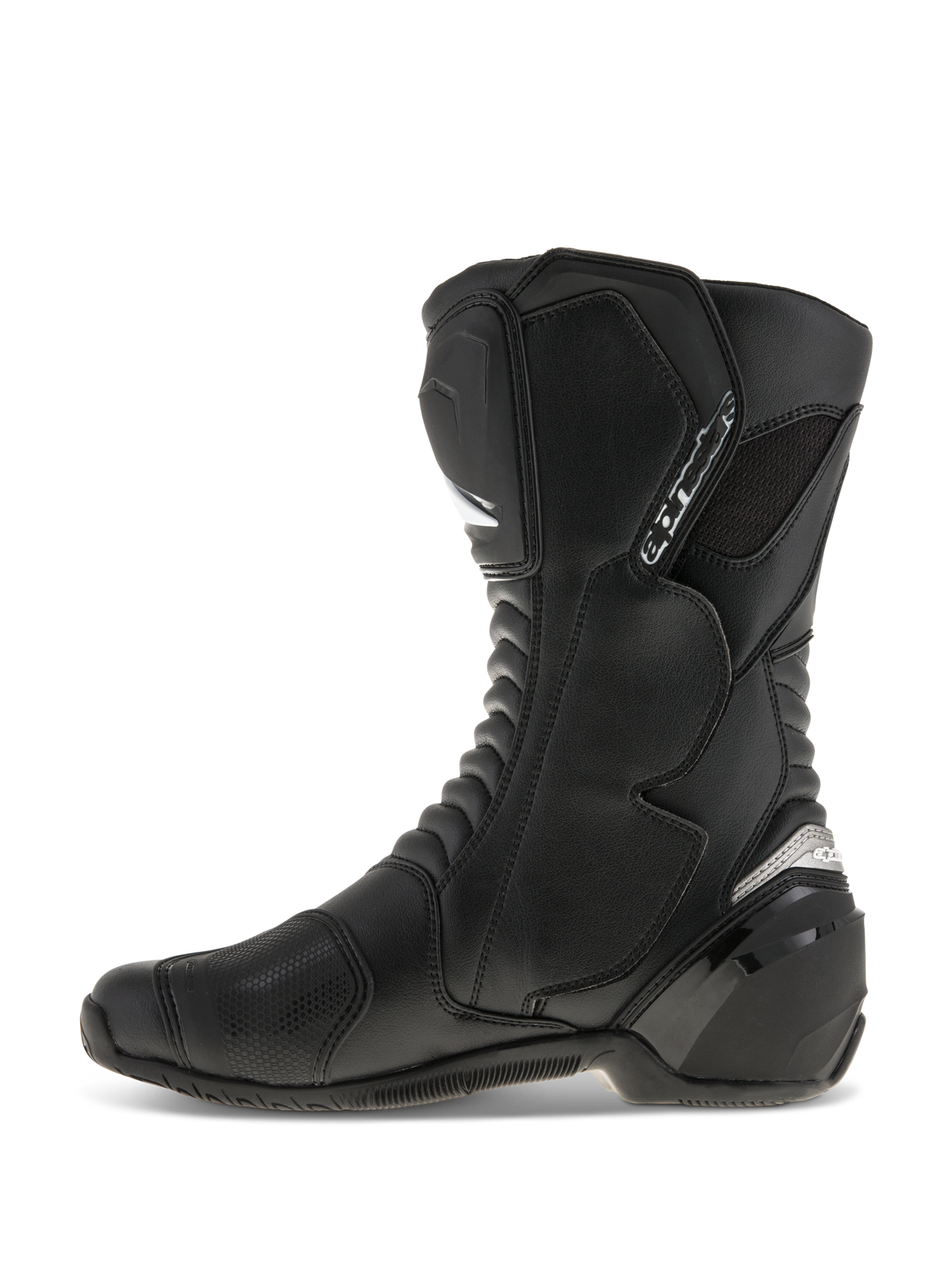 Alpinestars SMX S Boots, Motorcycle Riding Boots, Black on Black, side profile view, featuring durable microfiber upper, PU shin and heel protectors, ergonomic design for sport and road riding