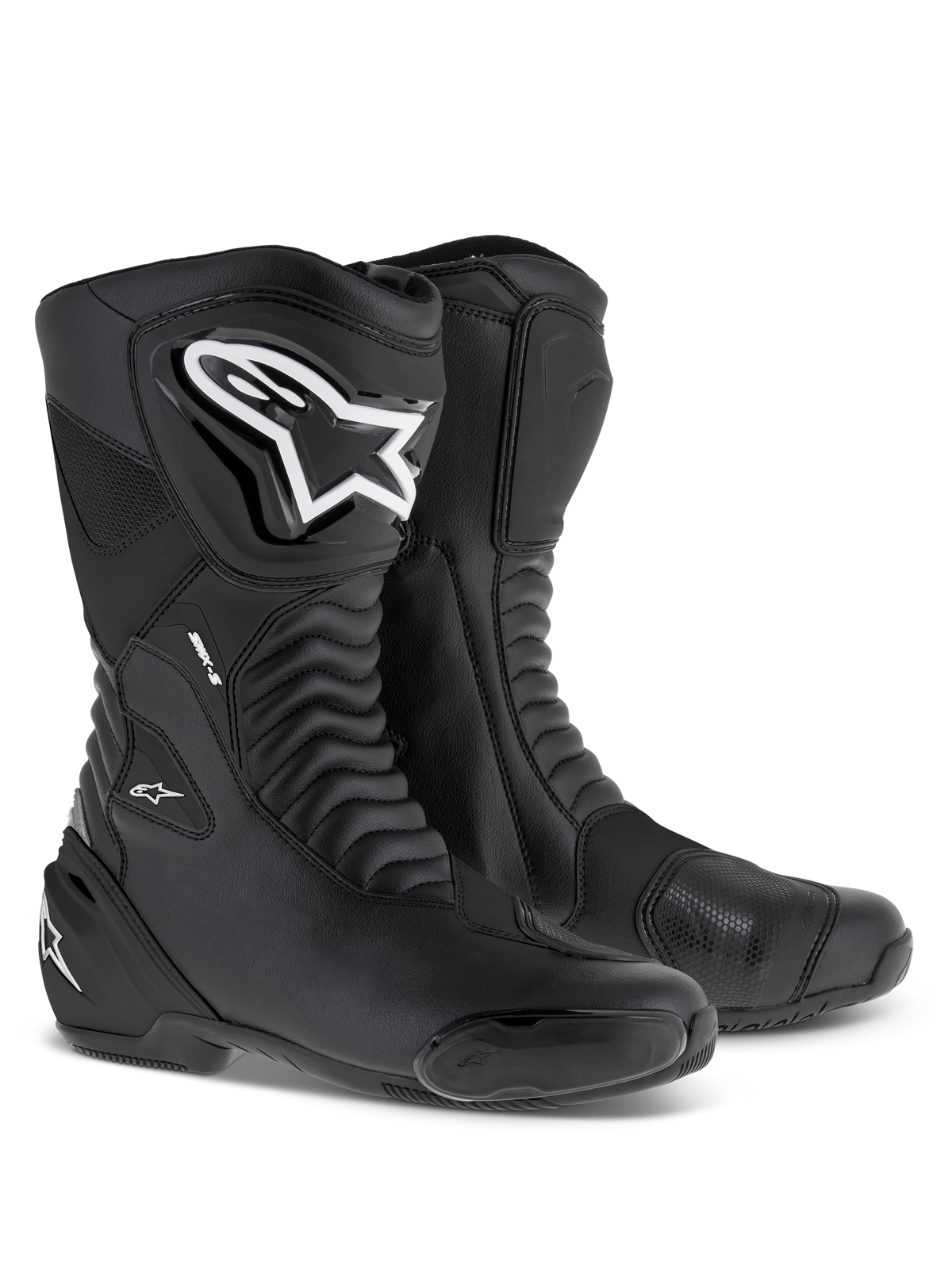 Alpinestars SMX S Boots, Sport Motorcycle Riding Boots, Black and White, tall boot design featuring large white logos, reinforced protective shields on the shin and heel, and flexible accordion panels for racing and road performance.