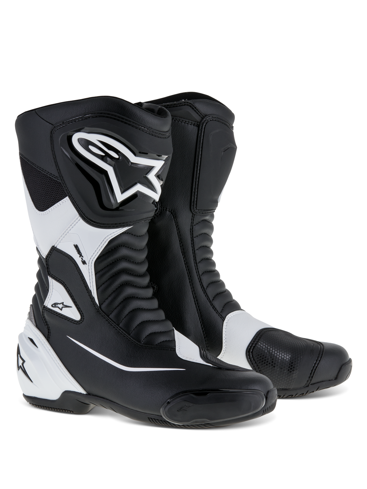 Alpinestars SMX S støvler, sportsmotorcykelstøvler, sort og hvid, holdbar mikrofiberoverdel med PU-beskyttelse til skinneben og hæl, harmonika-flexpaneler, tydelig Alpinestars-branding, fodtøj til performance-vejkørsel