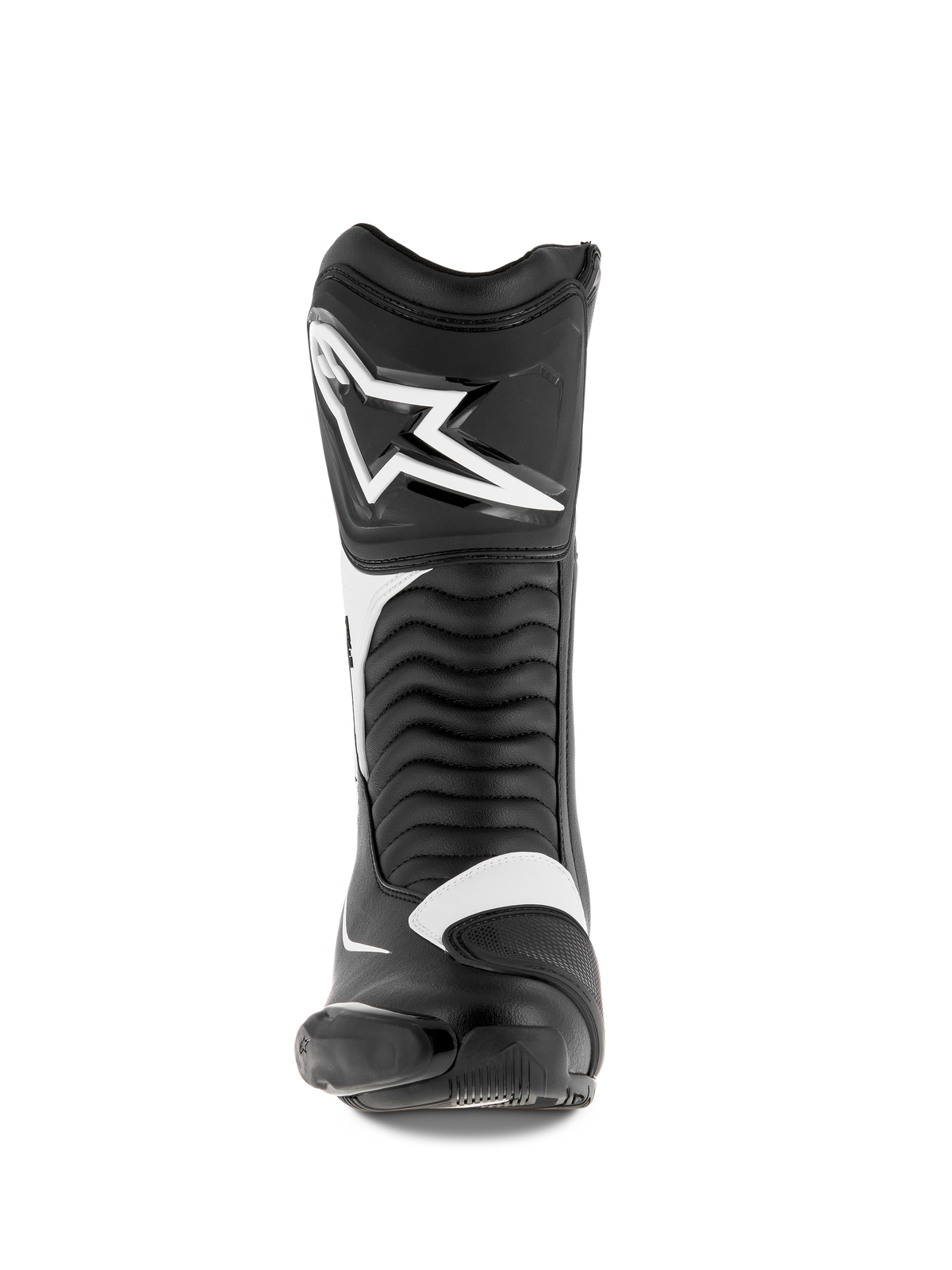 Alpinestars SMX S støvler, motorcykelstøvler, sort og hvid, set forfra med et stort hvidt Alpinestars-logo på skinnebenet, harmonika-flexpaneler, slidstærk mikrofiberkonstruktion med beskyttende PU-skjolde