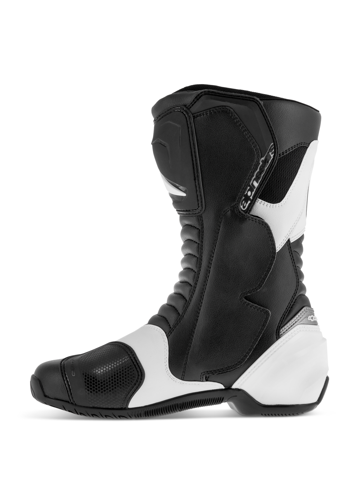 Alpinestars SMX S-støvler, sports- og landevejsmotorcykelstøvler, sort og hvid, sideprofil der viser slidstærk mikrofiberoverdel med forstærket skinnebens-, ankel- og hælbeskyttelse, hvide kontrastpaneler og harmonika-flekszoner.