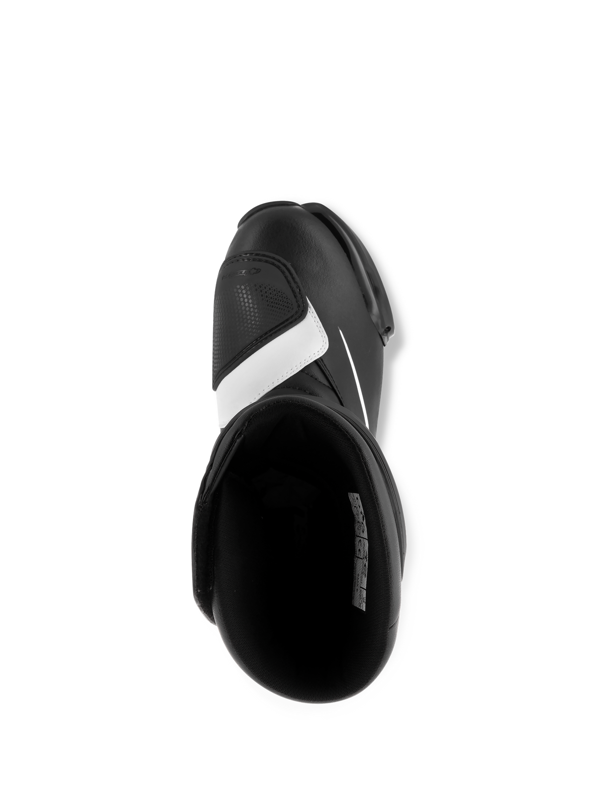 Alpinestars SMX S-støvler, sort og hvid, set oppefra med visning af det indvendige og gearskiftepuden ved tåen, holdbar mikrofiberkonstruktion, sportsfodtøj til motorcykel