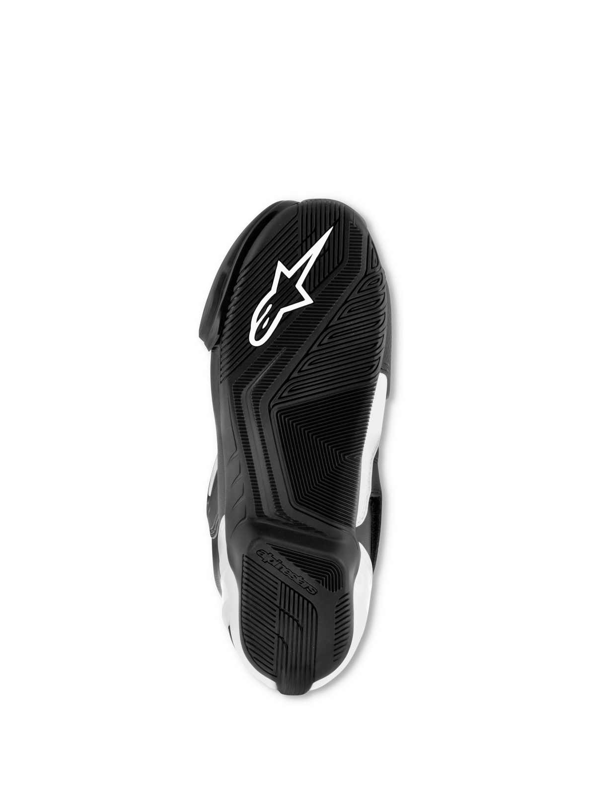 Alpinestars SMX S støvler, sort og hvid, set nedefra af den eksklusive gummisål, hvidt Astar-logo og tekstureret grebsmønster for optimal trækkraft og støtte