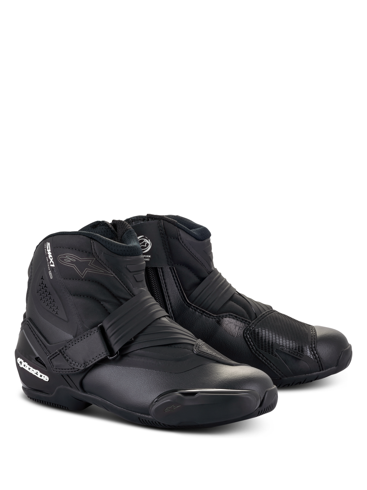 Alpinestars Stella SMX-1 R V2 Boots, Women's low-cut motorcycle riding shoes, Black, featuring a microfiber upper, TPU heel counter and shift pad, strap closure, and sporty aerodynamic profile.