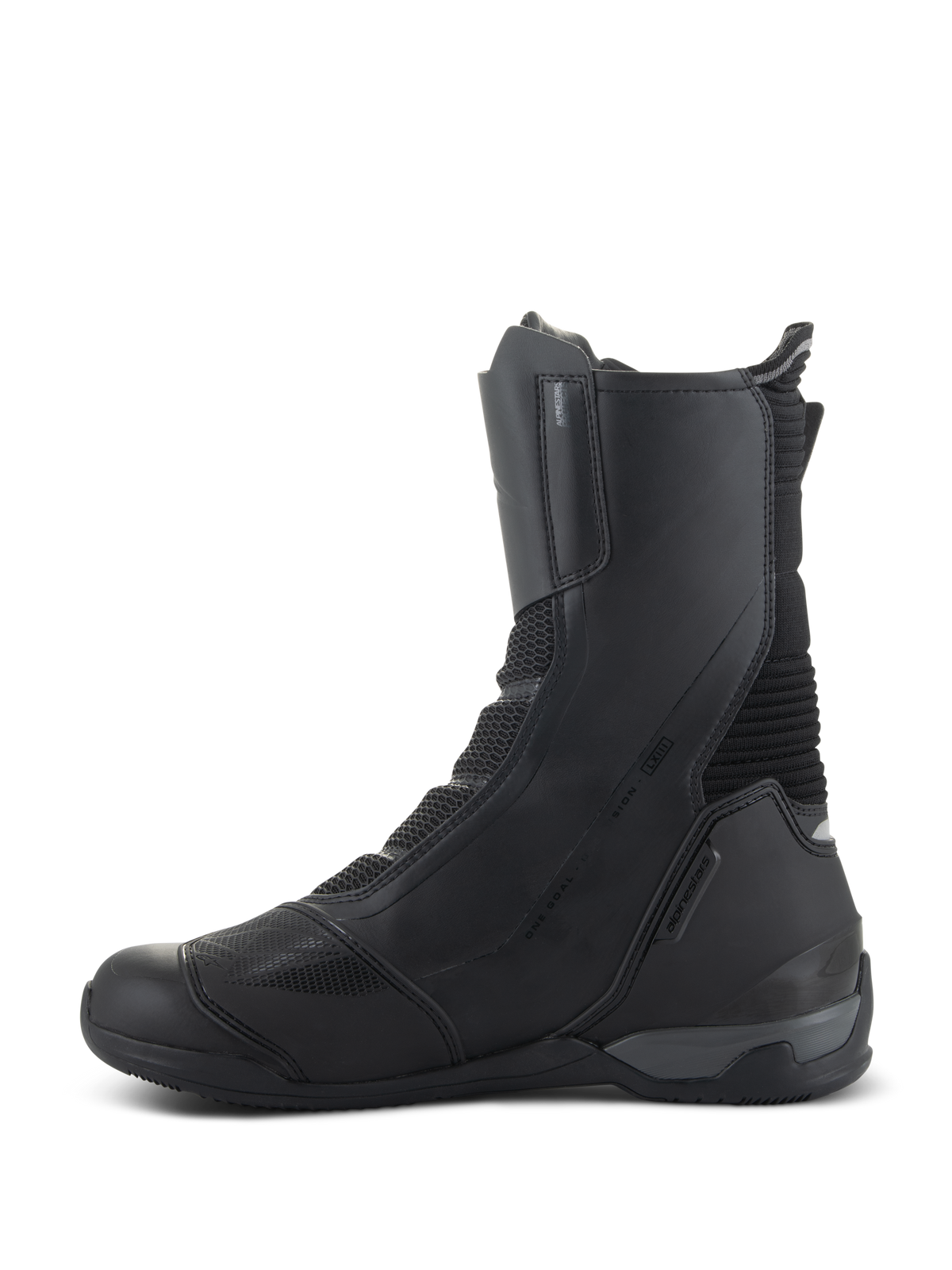 Alpinestars SP-X BOA Drystar støvler, mellemlange sport touring motorcykelstøvler, sort, medial sidevisning med mikrofiber- og mesh-konstruktion, forstærket hælkappe og strømlinet beskyttende design til landevejskørsel