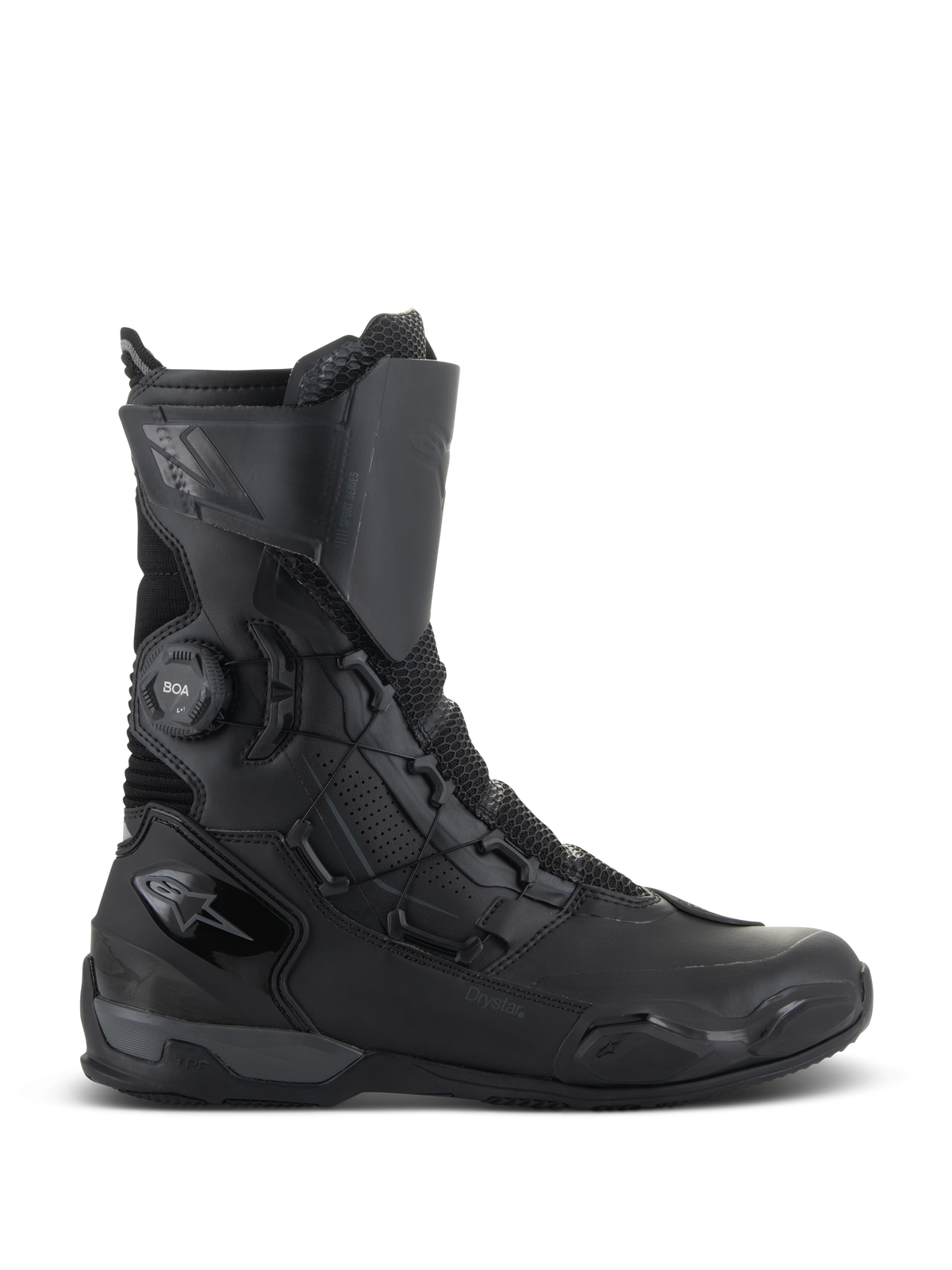 Alpinestars SP-X BOA Drystar støvler, motorcykelstøvler til touring, sort og mørkegrå, sideprofil der viser BOA Speed Lace-systemet og Drystar-branding, mellemlangt vandtæt design med mesh- og TPU-forstærkninger