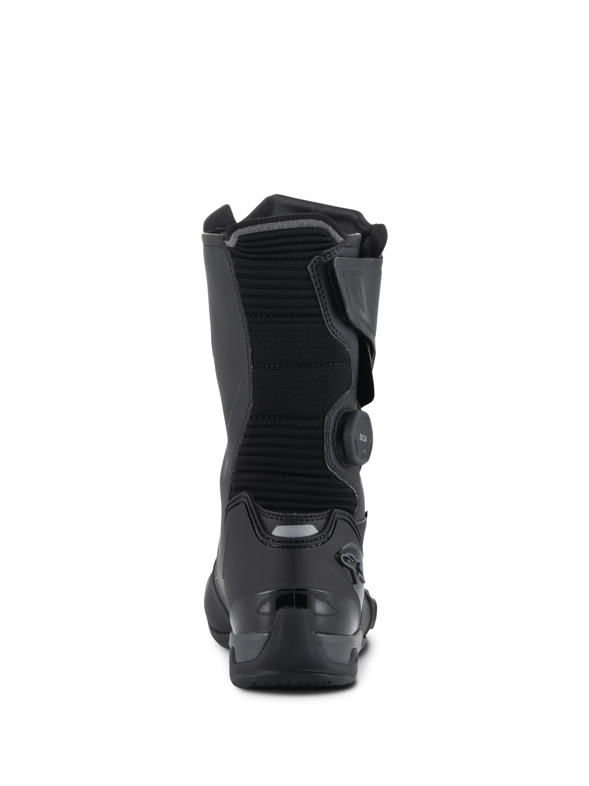 Alpinestars SP-X BOA® Drystar® støvler, sort og mørkegrå, set bagfra med riflet tekstil-læg, BOA-drejeknap på siden og forstærket TPU-hælkappe med refleksdetaljer, teknisk sport-touring fodtøj
