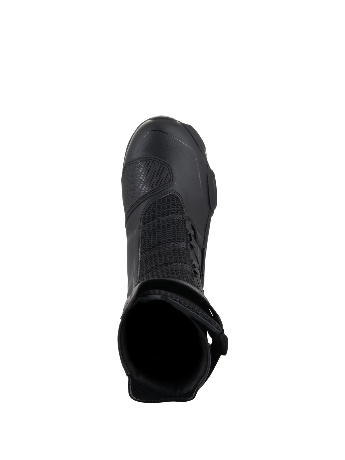 Alpinestars SP-X BOA Drystar støvler, sport touring motorcykelstøvler, sort, set fra oven med visning af den indvendige åbning, mesh-paneler og TPU-gearskiftepude, designet til vandtæt ydeevne og kørekomfort