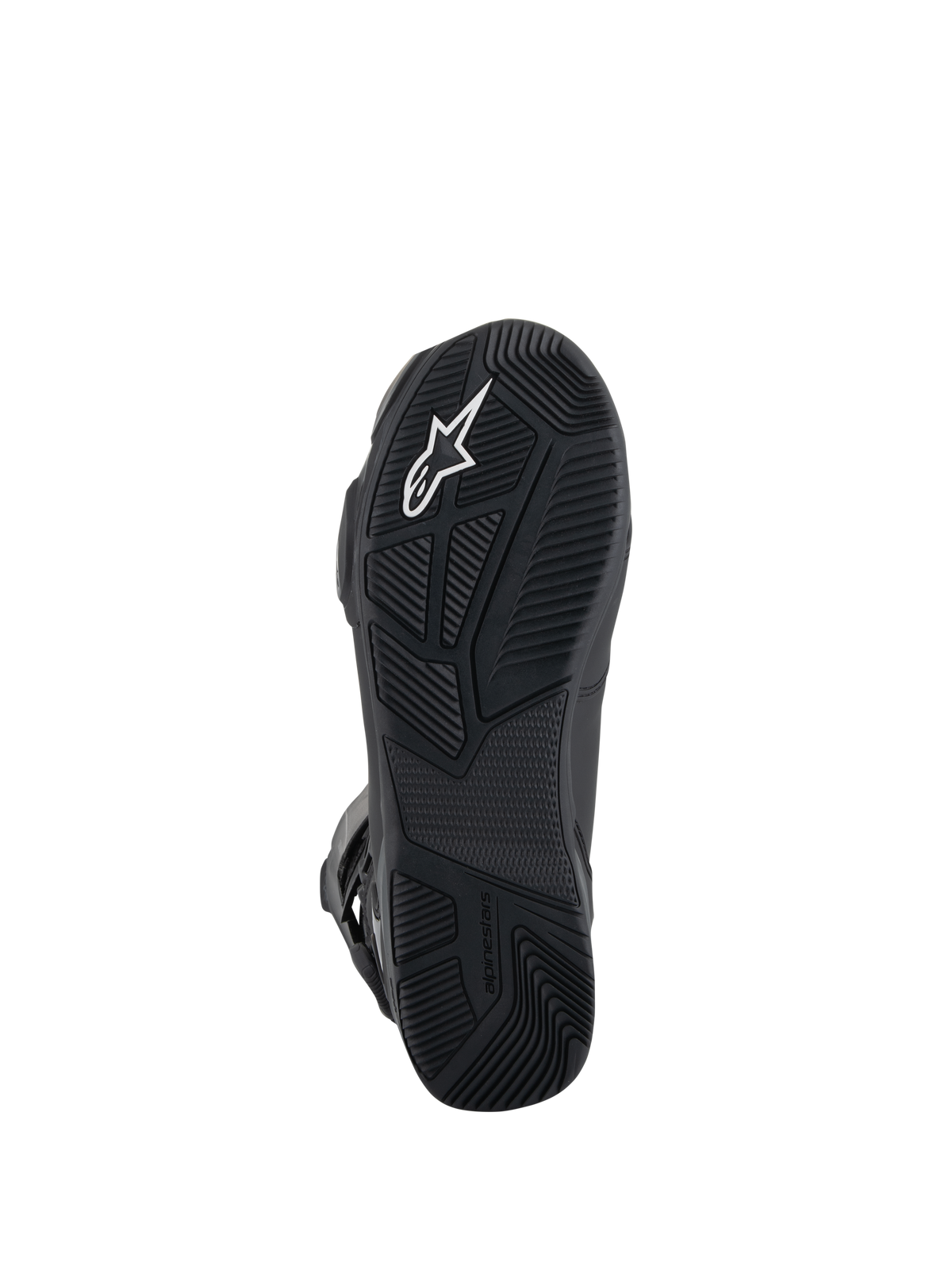 Alpinestars SP-X BOA® Drystar® støvler, motorcykelstøvler, undersiden af sort gummisål med tekstureret grebsmønster, hvidt Astar-logo og præget branding for greb og stabilitet