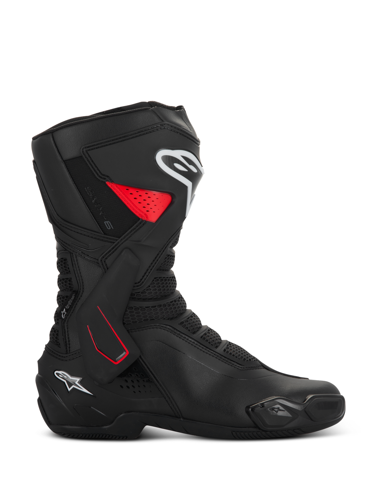 Alpinestars SMX-6 V3 Drystar Boots, motorcycle sport riding boots, black with red and white accents, side profile view, waterproof microfiber construction, TPU lateral ankle brace with red detailing, white logos on the shin and heel, integrated toe slider and mesh flex zones
